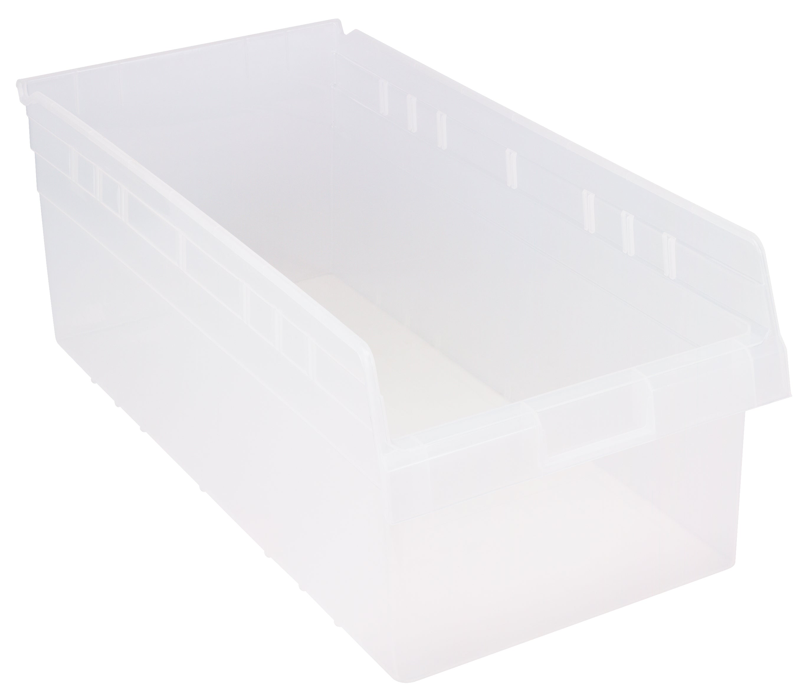Economy Shelf Bin, nesting, 11-1/8"W x 23-5/8"L x 4"H, (7) divider slots, rear hanglock, molded-in label holder, clear polyropylene, Made in USA, case of 6