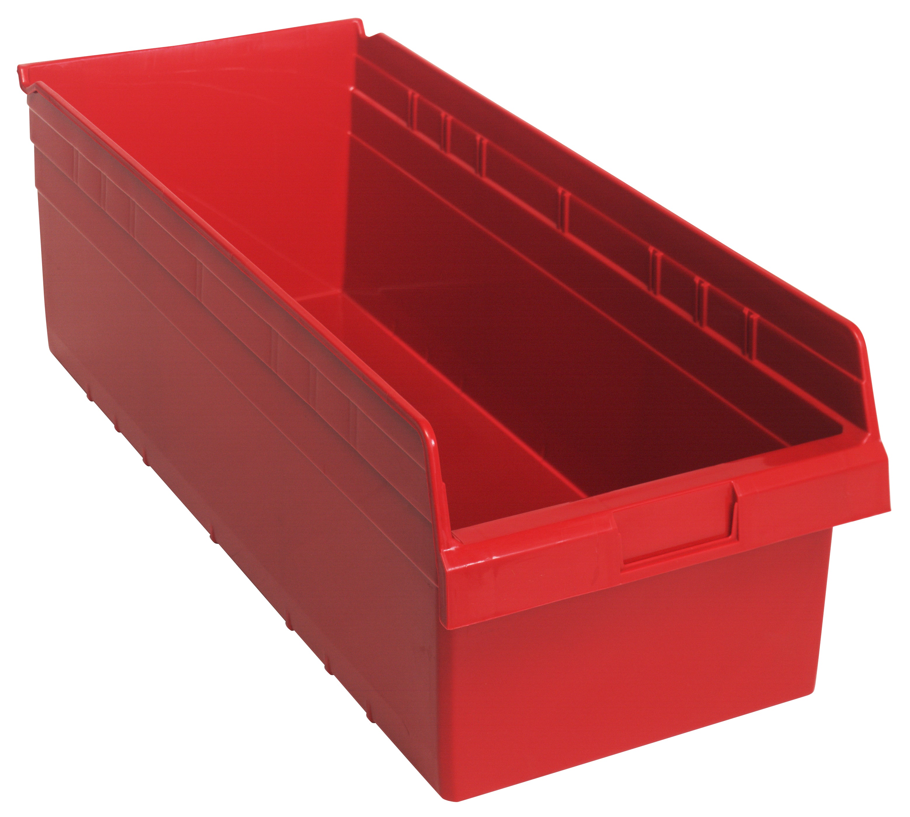 Economy Shelf Bin, nesting, 11-1/8"W x 23-5/8"L x 4"H, (7) divider slots, rear hanglock, molded-in label holder, red polyropylene, Made in USA, case of 6