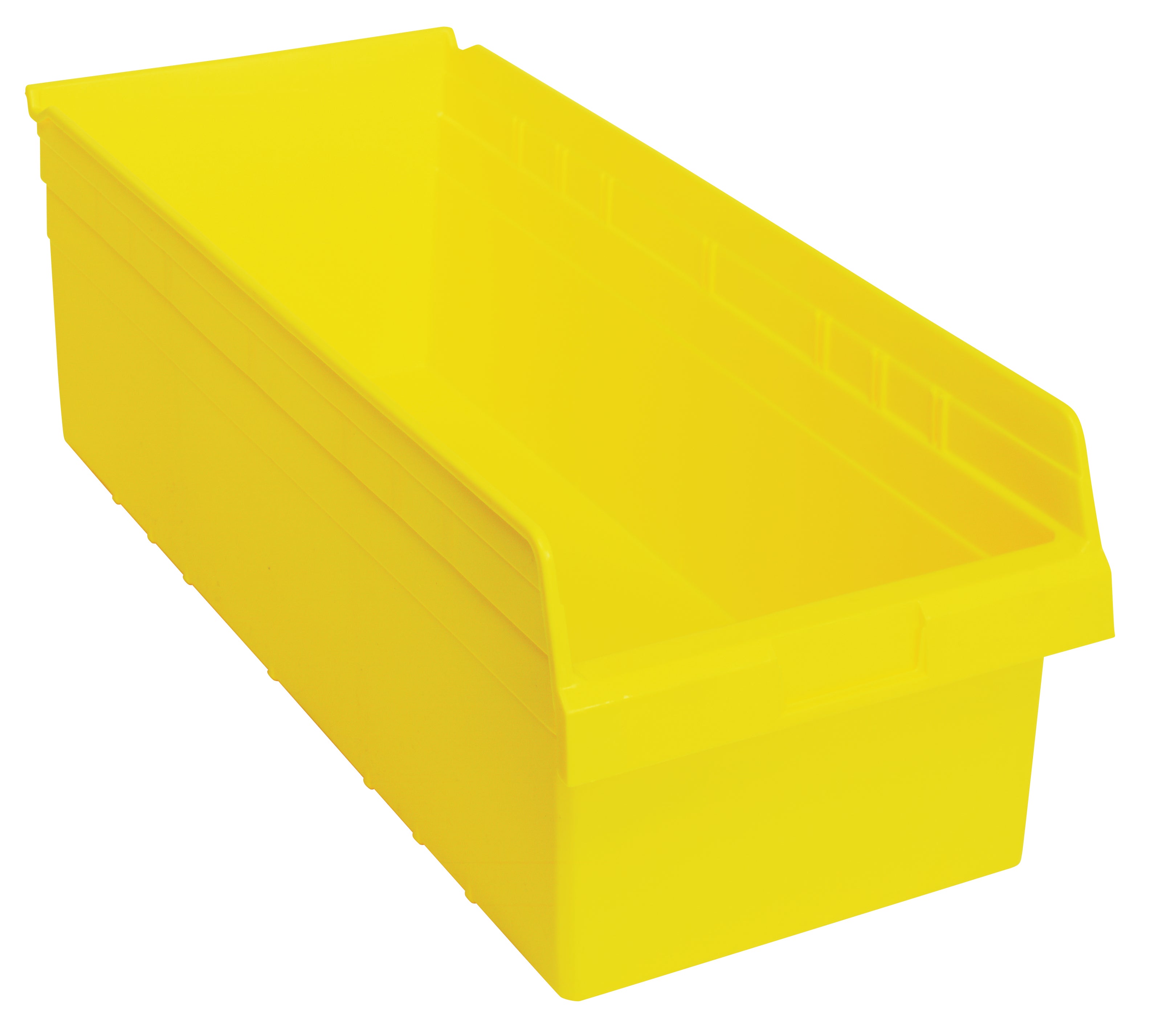 Economy Shelf Bin, nesting, 11-1/8"W x 23-5/8"L x 4"H, (7) divider slots, rear hanglock, molded-in label holder, yellow polyropylene, Made in USA, case of 6