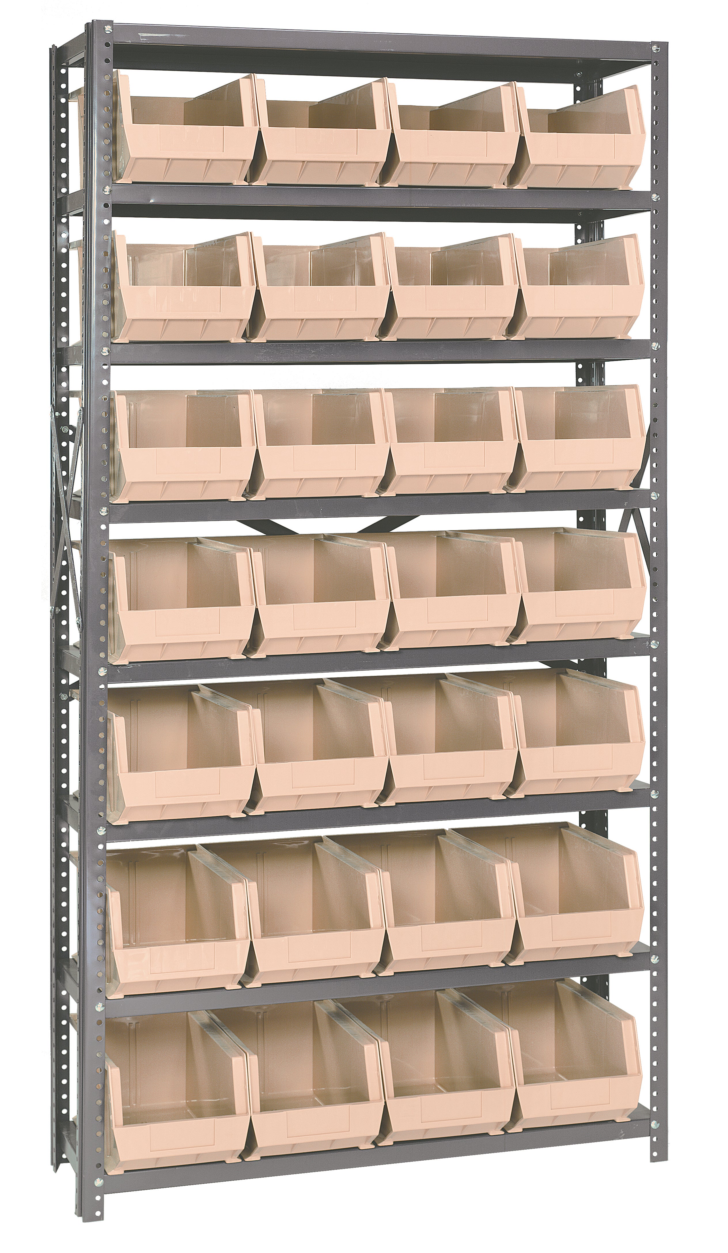 Shelving Unit, 18"D x 36"W x 75"H, heavy duty, 400 lb. load capacity per shelf, includes: (8) shelves and (30) QUS240 ivory bins, uprights and cross bars, smooth powder coat finish