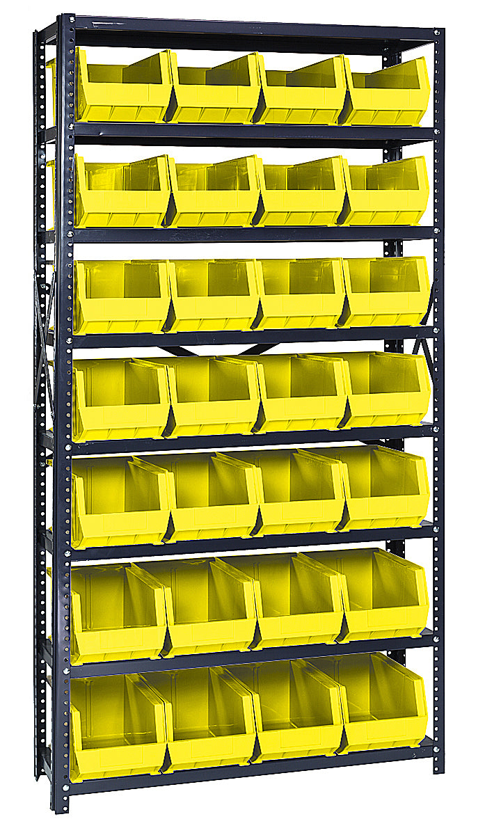 Shelving Unit, 18"D x 36"W x 75"H, heavy duty, 400 lb. load capacity per shelf, includes: (8) shelves and (30) QUS240 yellow bins, uprights and cross bars, smooth powder coat finish