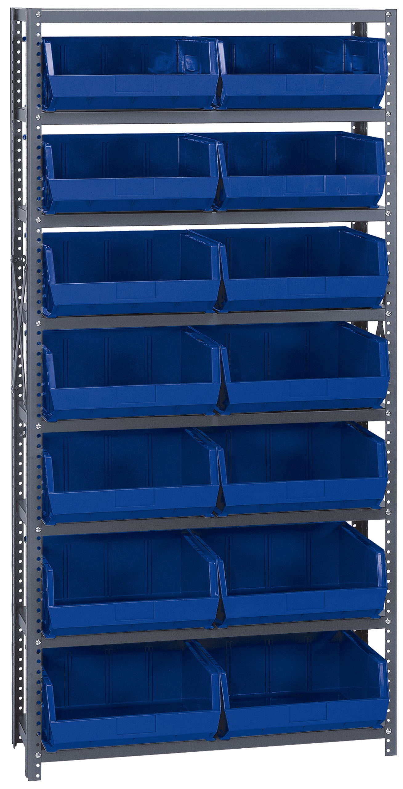 Shelving Unit, 18"D x 36"W x 75"H, heavy duty, 400 lb. load capacity per shelf, includes: (8) shelves and (14) QUS250 blue bins, uprights and cross bars, smooth powder coat finish