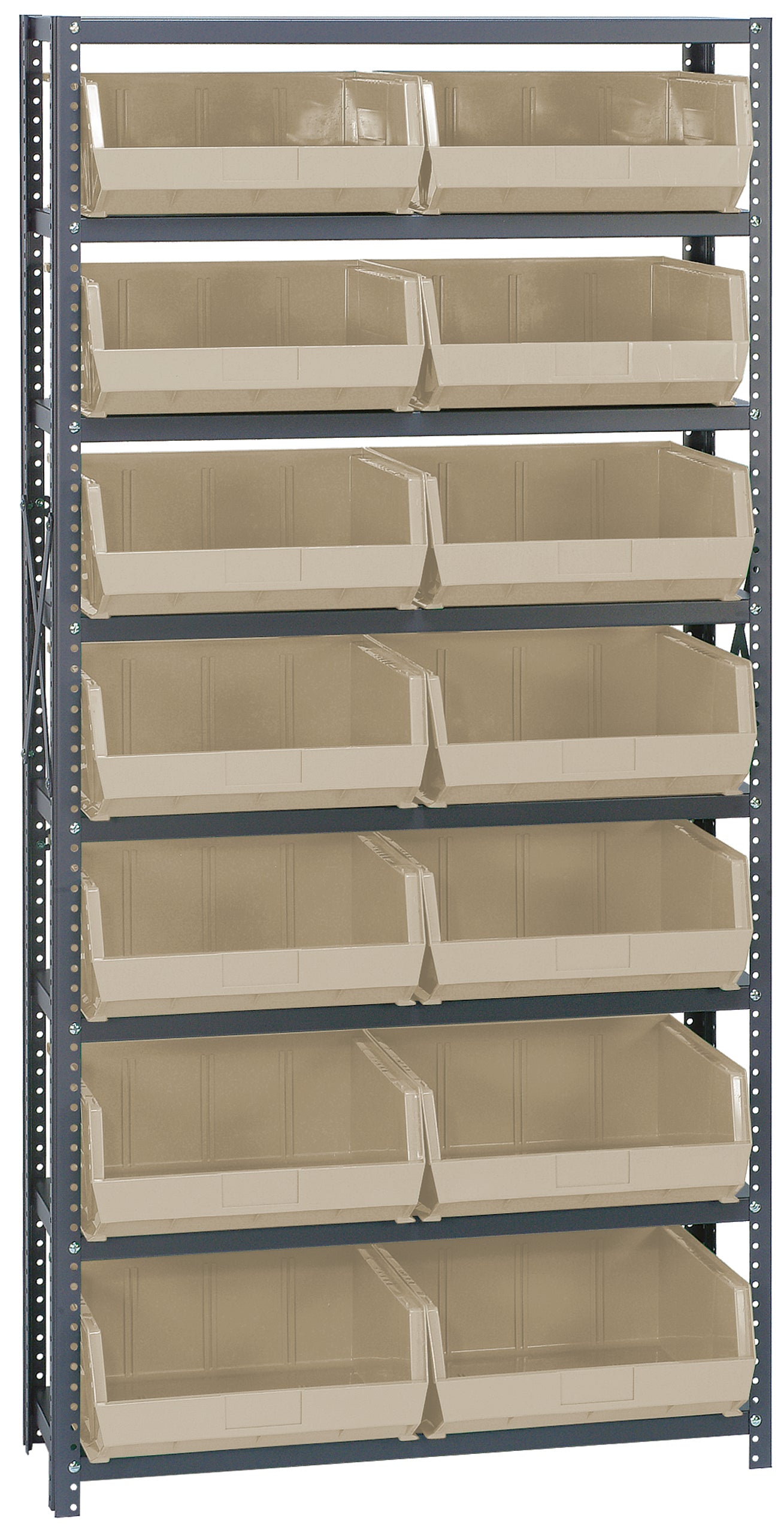 Shelving Unit, 18"D x 36"W x 75"H, heavy duty, 400 lb. load capacity per shelf, includes: (8) shelves and (14) QUS250 ivory bins, uprights and cross bars, smooth powder coat finish
