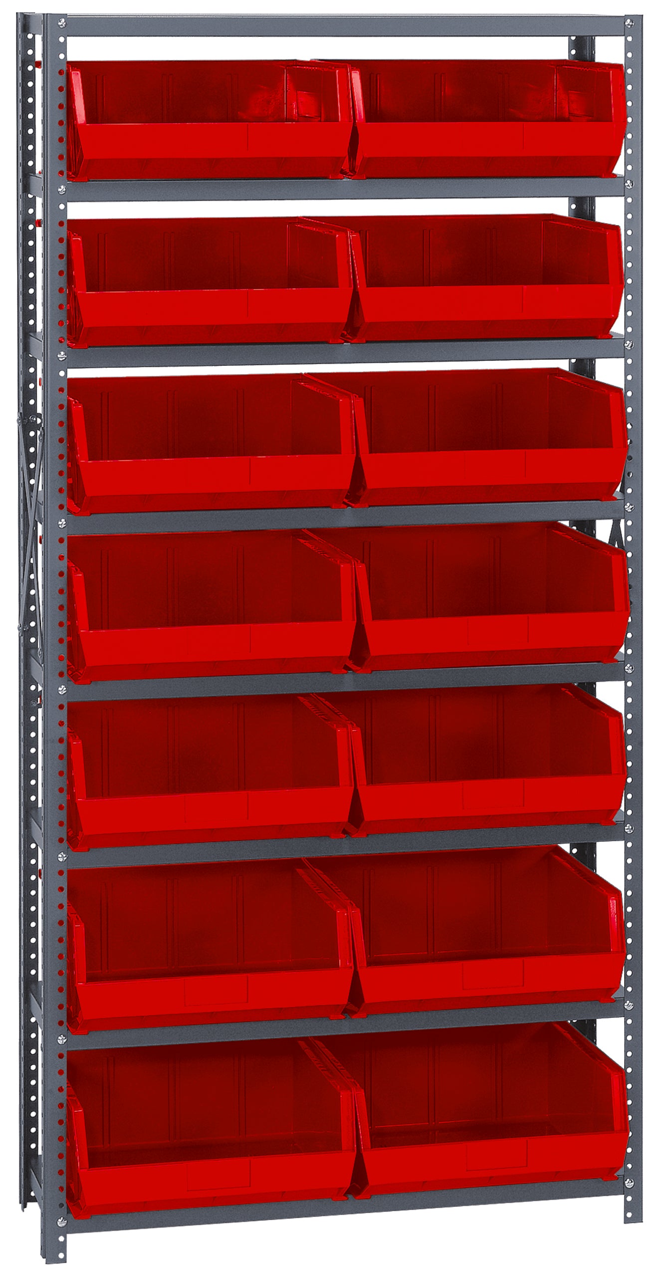Shelving Unit, 18"D x 36"W x 75"H, heavy duty, 400 lb. load capacity per shelf, includes: (8) shelves and (14) QUS250 red bins, uprights and cross bars, smooth powder coat finish