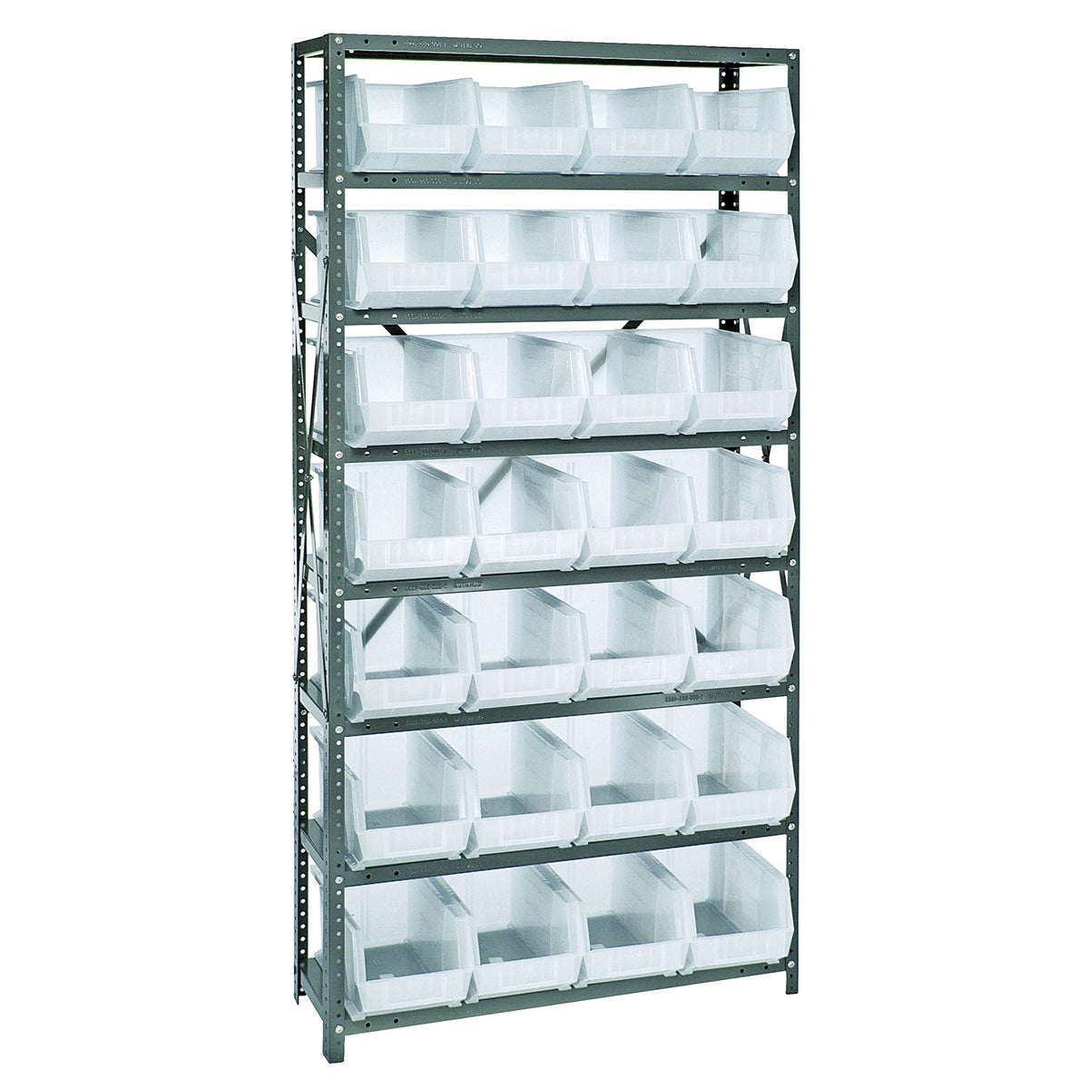 Shelving Unit, 12D X 36L X 75H, Heavy Duty, 400 Lb. Load Capacity Per Shelf, Includes: (8) Shelves And (28) Qus240 Clear Bins, U