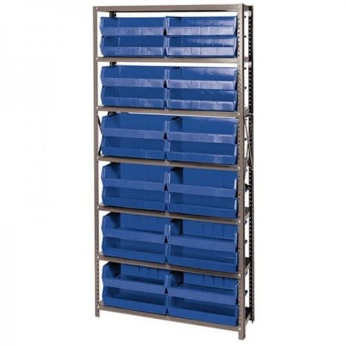 Shelving Unit, 12D X 36L X 75H, Heavy Duty, 400 Lb. Load Capacity Per Shelf, Includes: (7) Shelves And (24) Qus245 Blue Bins, Up