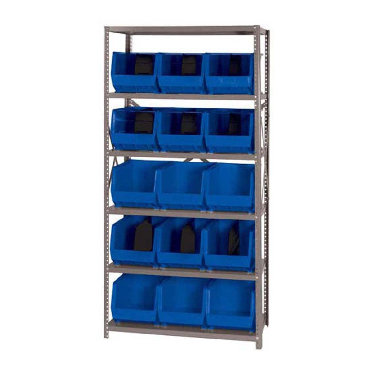 Shelving Unit, 18D X 36L X 75H, Heavy Duty, 400 Lb. Load Capacity Per Shelf, Includes: (6) Shelves And (15) Qus260 Blue Bins, Up