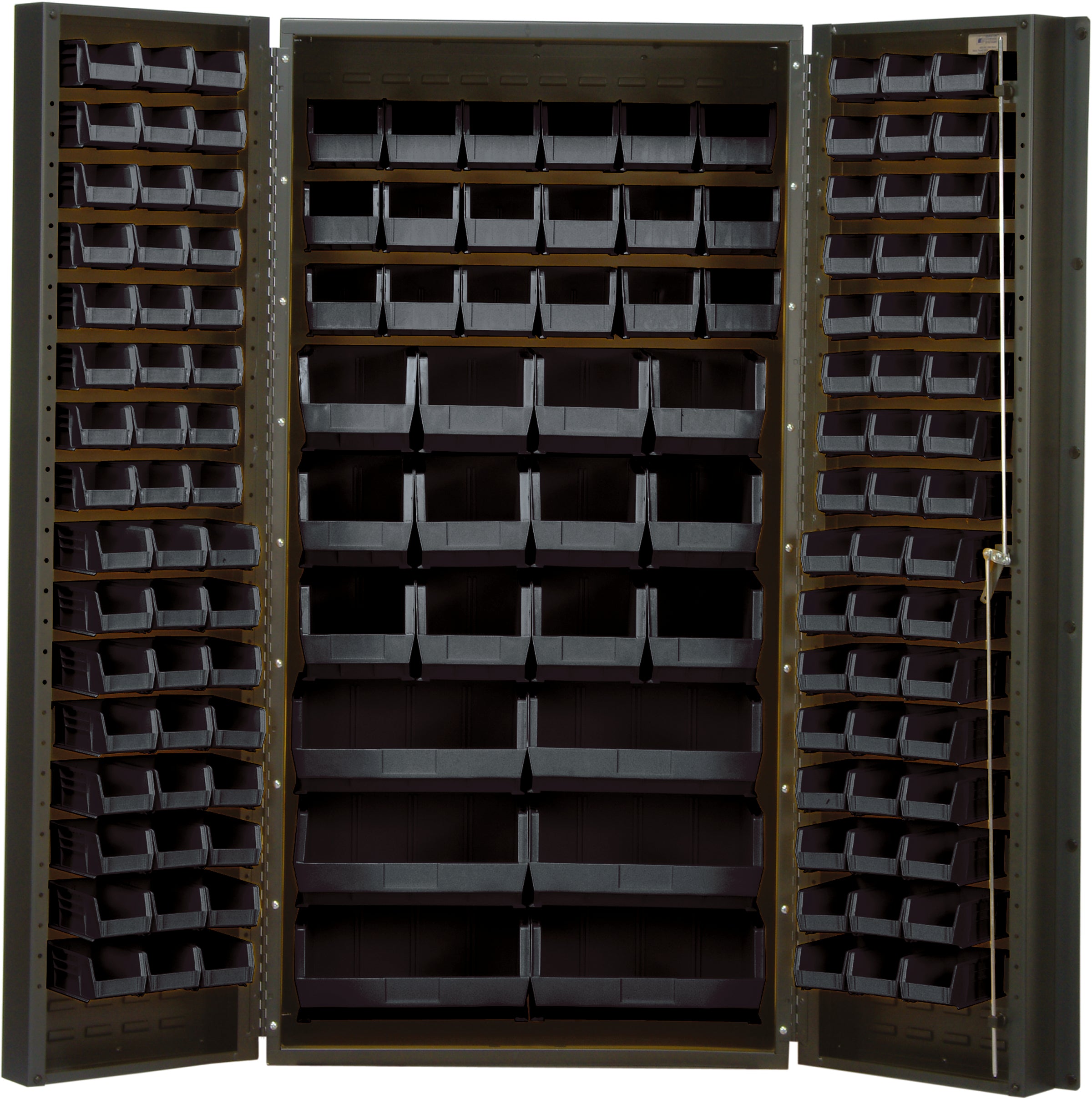 Heavy-Duty 36" Bin Cabinet, 36"W x 24"D x 72"H,  14 gauge all welded construction, includes: (16) QUS232, (16) QUS236, (18) QUS230, (12) QUS240 and (6) QUS250 black bins, gray powder-coated finish