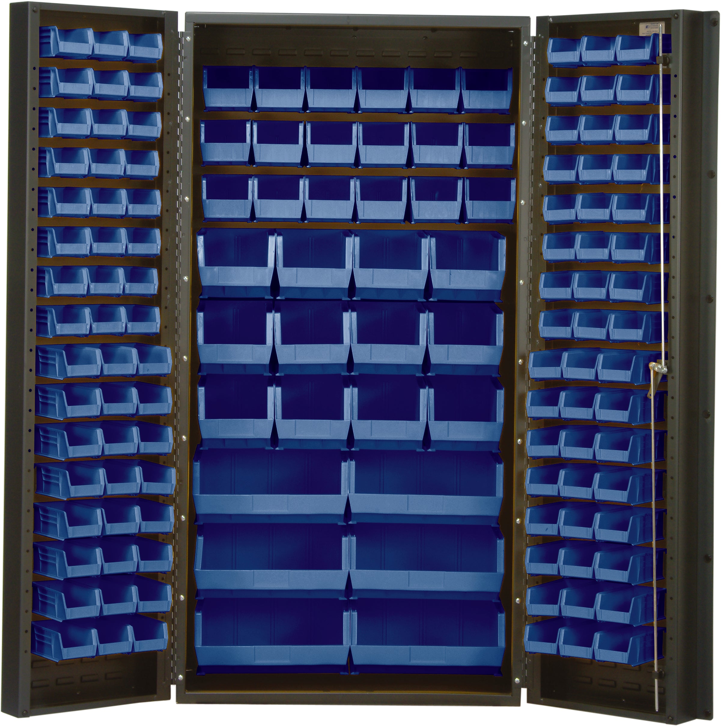 Heavy-Duty 36" Bin Cabinet, 36"W x 24"D x 72"H,  14 gauge all welded construction, includes: (16) QUS232, (16) QUS236, (18) QUS230, (12) QUS240 and (6) QUS250 blue bins, gray powder-coated finish
