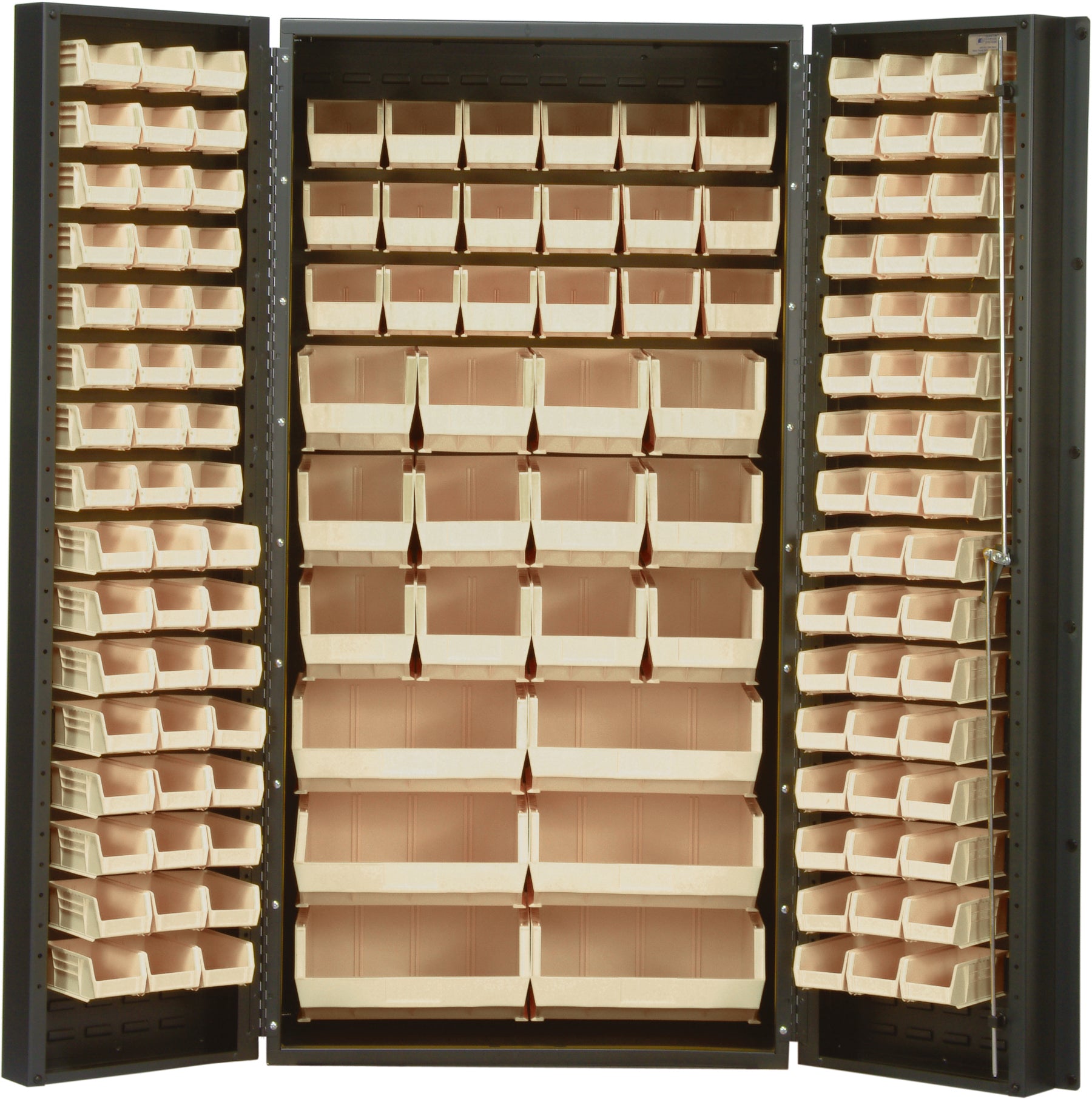 Heavy-Duty 36" Bin Cabinet, 36"W x 24"D x 72"H,  14 gauge all welded construction, includes: (16) QUS232, (16) QUS236, (18) QUS230, (12) QUS240 and (6) QUS250 clear bins, gray powder-coated finish