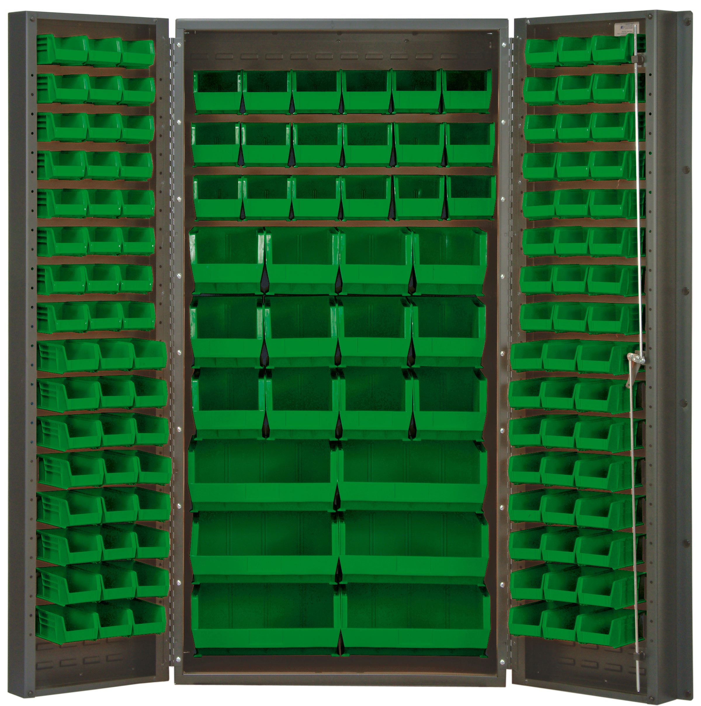 Heavy-Duty 36" Bin Cabinet, 36"W x 24"D x 72"H,  14 gauge all welded construction, includes: (16) QUS232, (16) QUS236, (18) QUS230, (12) QUS240 and (6) QUS250 green bins, gray powder-coated finish