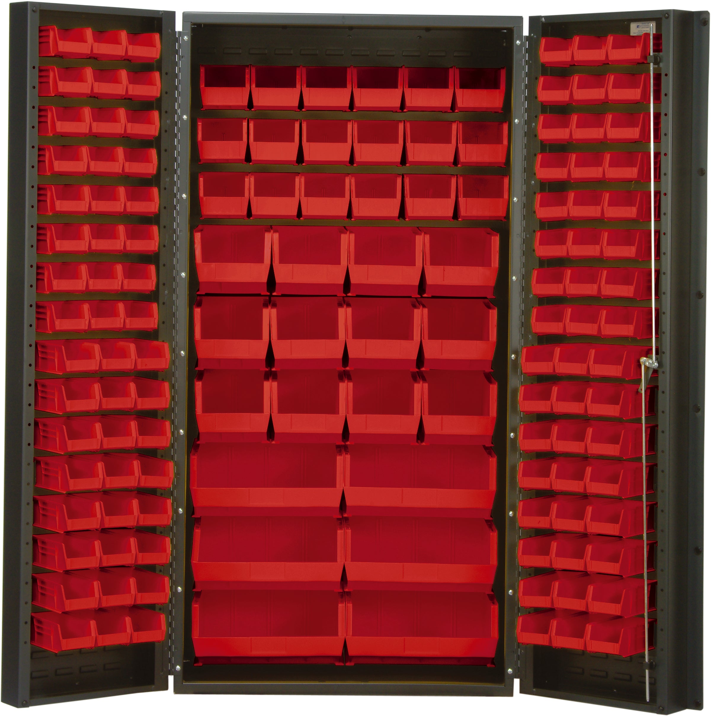 Heavy-Duty 36" Bin Cabinet, 36"W x 24"D x 72"H,  14 gauge all welded construction, includes: (16) QUS232, (16) QUS236, (18) QUS230, (12) QUS240 and (6) QUS250 red bins, gray powder-coated finish