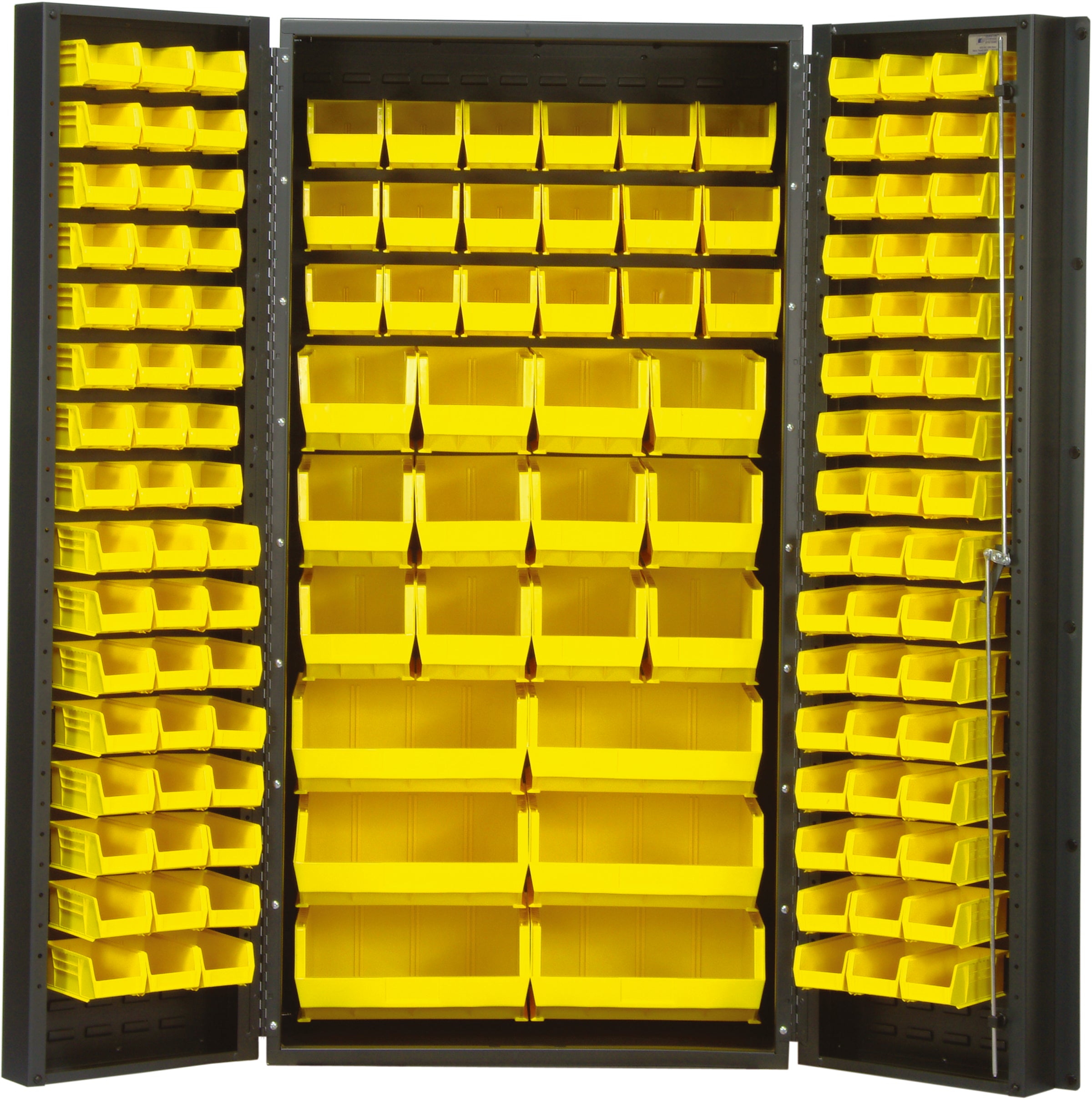 Heavy-Duty 36" Bin Cabinet, 36"W x 24"D x 72"H,  14 gauge all welded construction, includes: (16) QUS232, (16) QUS236, (18) QUS230, (12) QUS240 and (6) QUS250 yellow bins, gray powder-coated finish