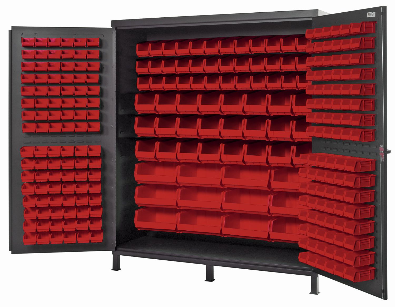 Heavy-Duty 72" Bin Cabinet, 72"W x 24"D x 84"H, 14 gauge all welded construction, includes: (32) QUS232, (32) QUS236, (36) QUS230, (24) QUS240 and (12) QUS250 red bins, gray powder-coated finish