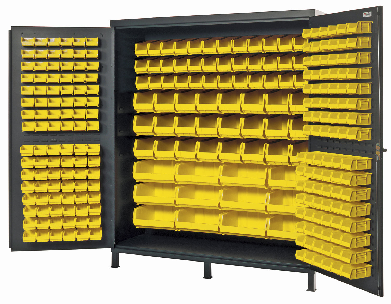 Heavy-Duty 72" Bin Cabinet, 72"W x 24"D x 84"H, 14 gauge all welded construction, includes: (32) QUS232, (32) QUS236, (36) QUS230, (24) QUS240 and (12) QUS250 yellow bins, gray powder-coated finish