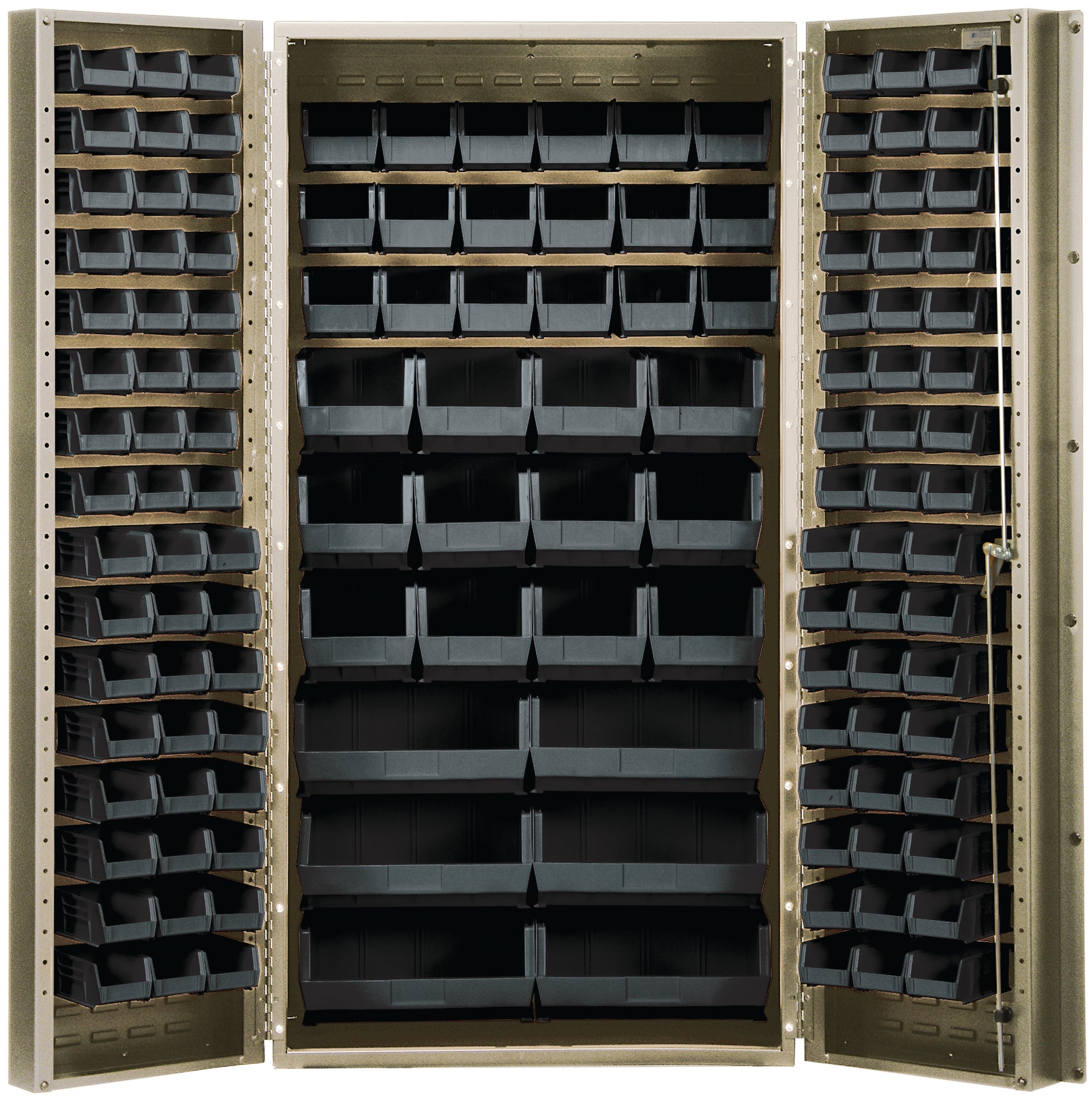 Heavy-Duty 36" Bin Cabinet, 36"W x 24"D x 72"H,  14 gauge all welded construction, includes: (16) QUS232, (16) QUS236, (18) QUS230, (12) QUS240 and (6) QUS250 black bins, beige powder-coated finish