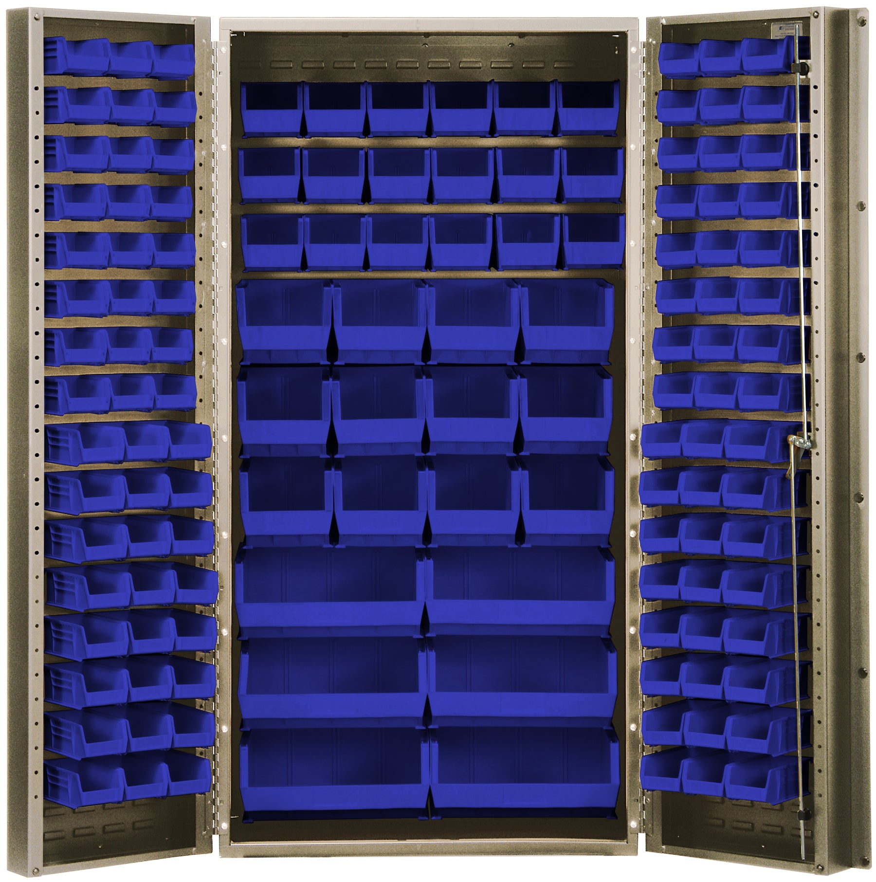 Heavy-Duty 36" Bin Cabinet, 36"W x 24"D x 72"H,  14 gauge all welded construction, includes: (16) QUS232, (16) QUS236, (18) QUS230, (12) QUS240 and (6) QUS250 blue bins, beige powder-coated finish
