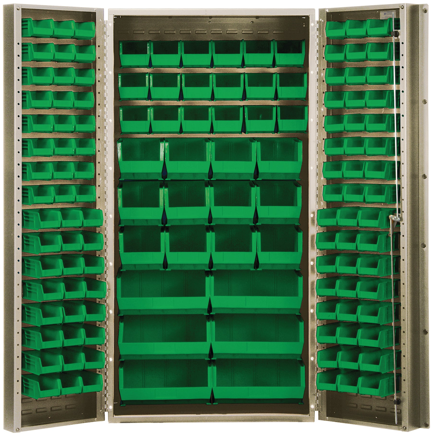 Heavy-Duty 36" Bin Cabinet, 36"W x 24"D x 72"H,  14 gauge all welded construction, includes: (16) QUS232, (16) QUS236, (18) QUS230, (12) QUS240 and (6) QUS250 green bins, beige powder-coated finish