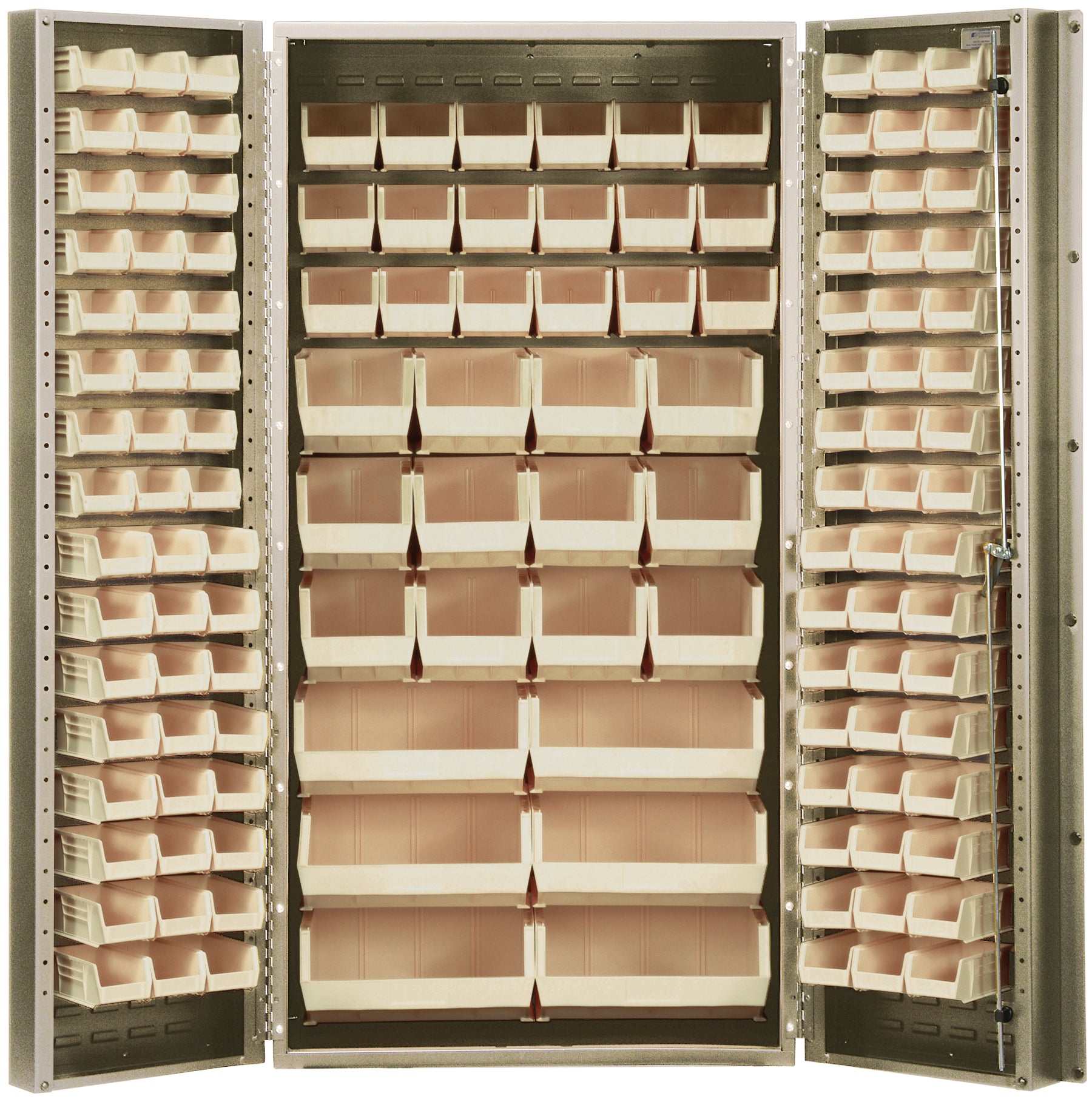Heavy-Duty 36" Bin Cabinet, 36"W x 24"D x 72"H,  14 gauge all welded construction, includes: (16) QUS232, (16) QUS236, (18) QUS230, (12) QUS240 and (6) QUS250 ivory bins, beige powder-coated finish