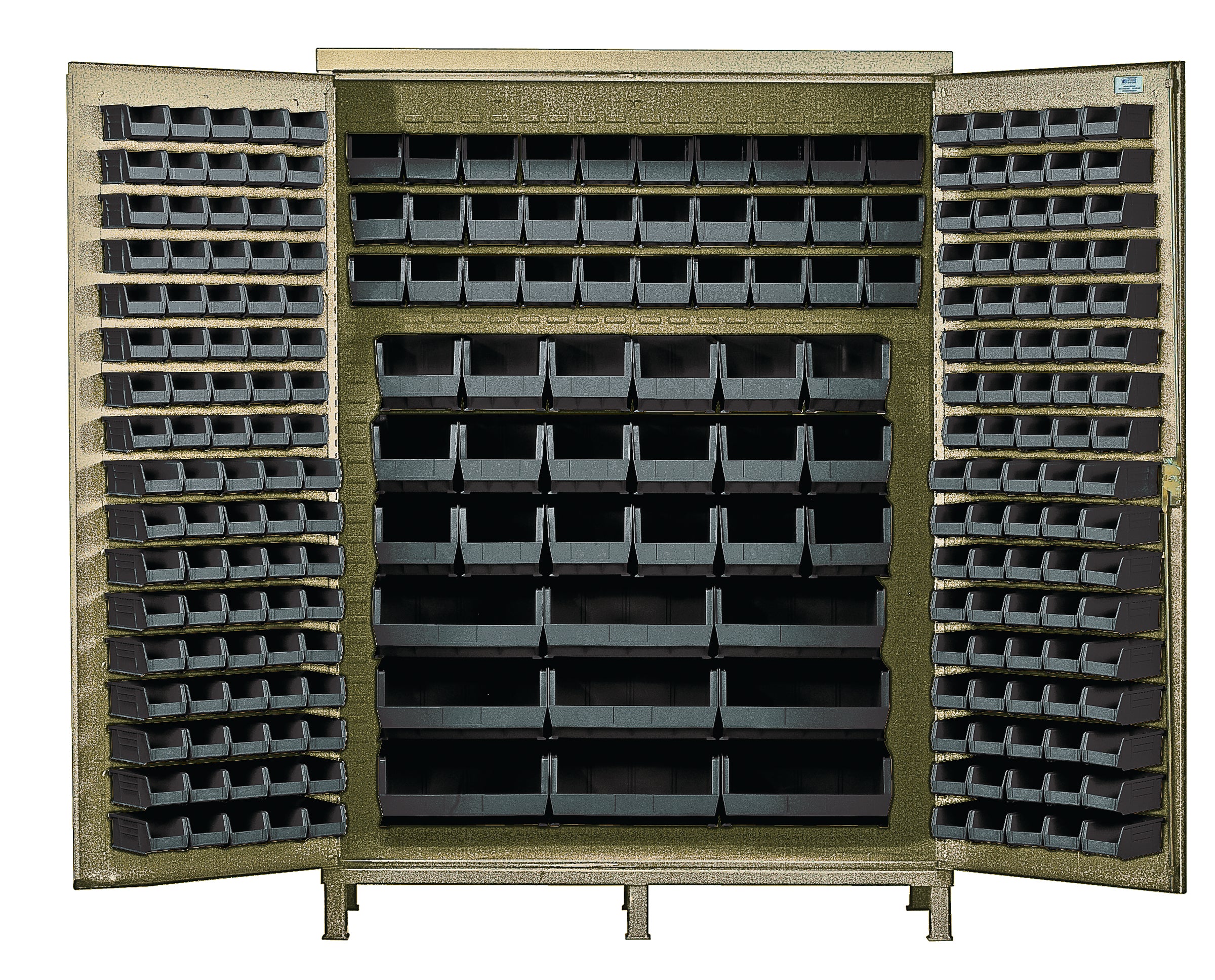 Heavy-Duty 72" Bin Cabinet, 72"W x 24"D x 84"H, 14 gauge all welded construction, includes: (32) QUS232, (32) QUS236, (36) QUS230, (24) QUS240 and (12) QUS250 black bins, beige powder-coated finish