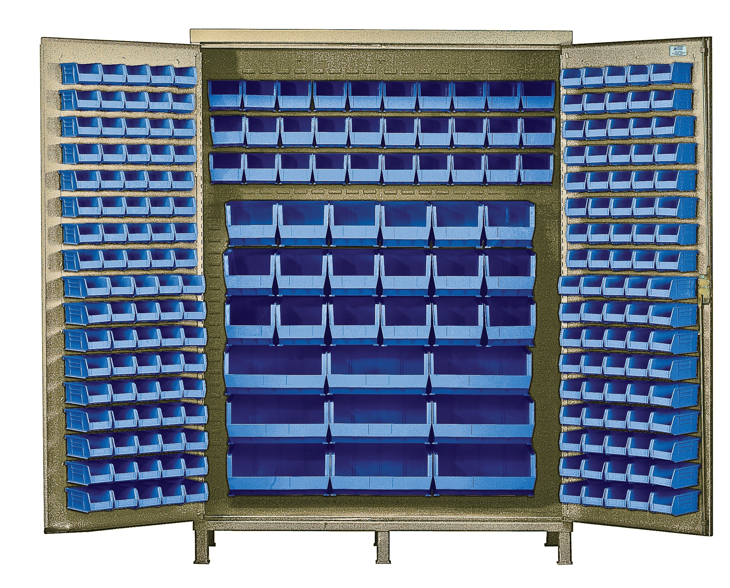 Heavy-Duty 72" Bin Cabinet, 72"W x 24"D x 84"H, 14 gauge all welded construction, includes: (32) QUS232, (32) QUS236, (36) QUS230, (24) QUS240 and (12) QUS250 blue bins, beige powder-coated finish