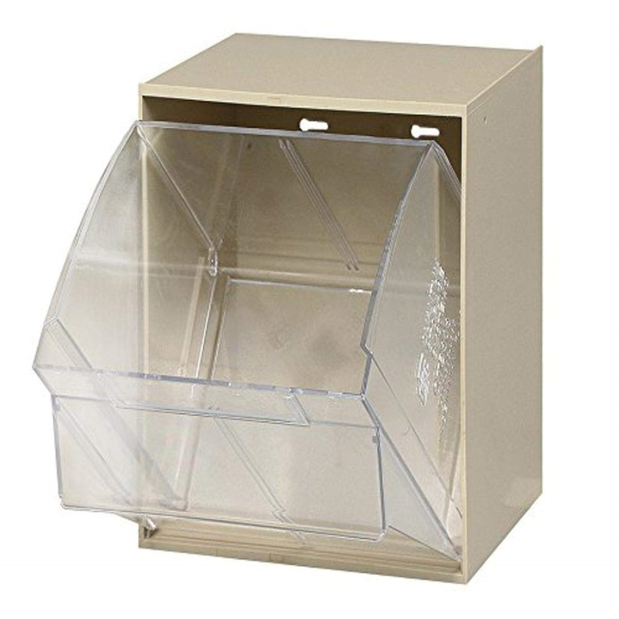 Tip Out Bin, (1) Compartment, Handle With Label Slot, Opens To A 45 Angle, Plastic Clear Container, Polystyrene Ivory Cabinet, M