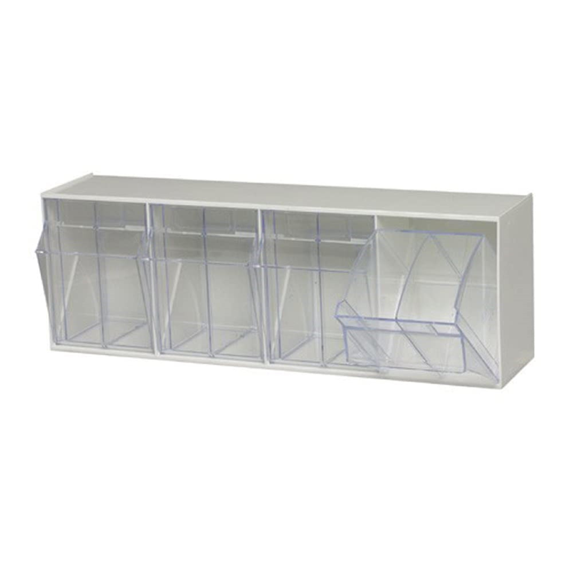 Tip Out Bin, (4) compartment, handle with label slot, opens to a 45 angle, plastic clear container, polystyrene white cabinet, Made in USA