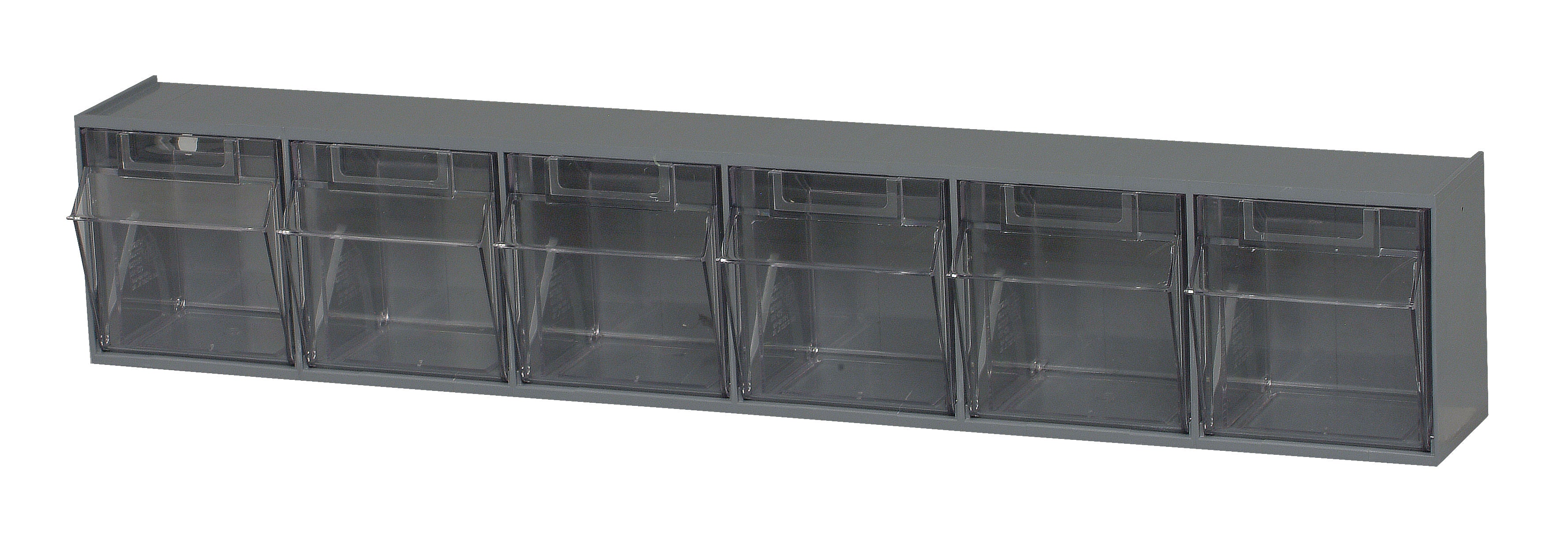 Tip Out Bin, for Gondola, (6) compartment, 23-5/8"W x 3-5/8"D x 4-1/2"H handle with label slot, opens to a 45 angle, plastic clear container, polystyrene cabinet, Made in USA