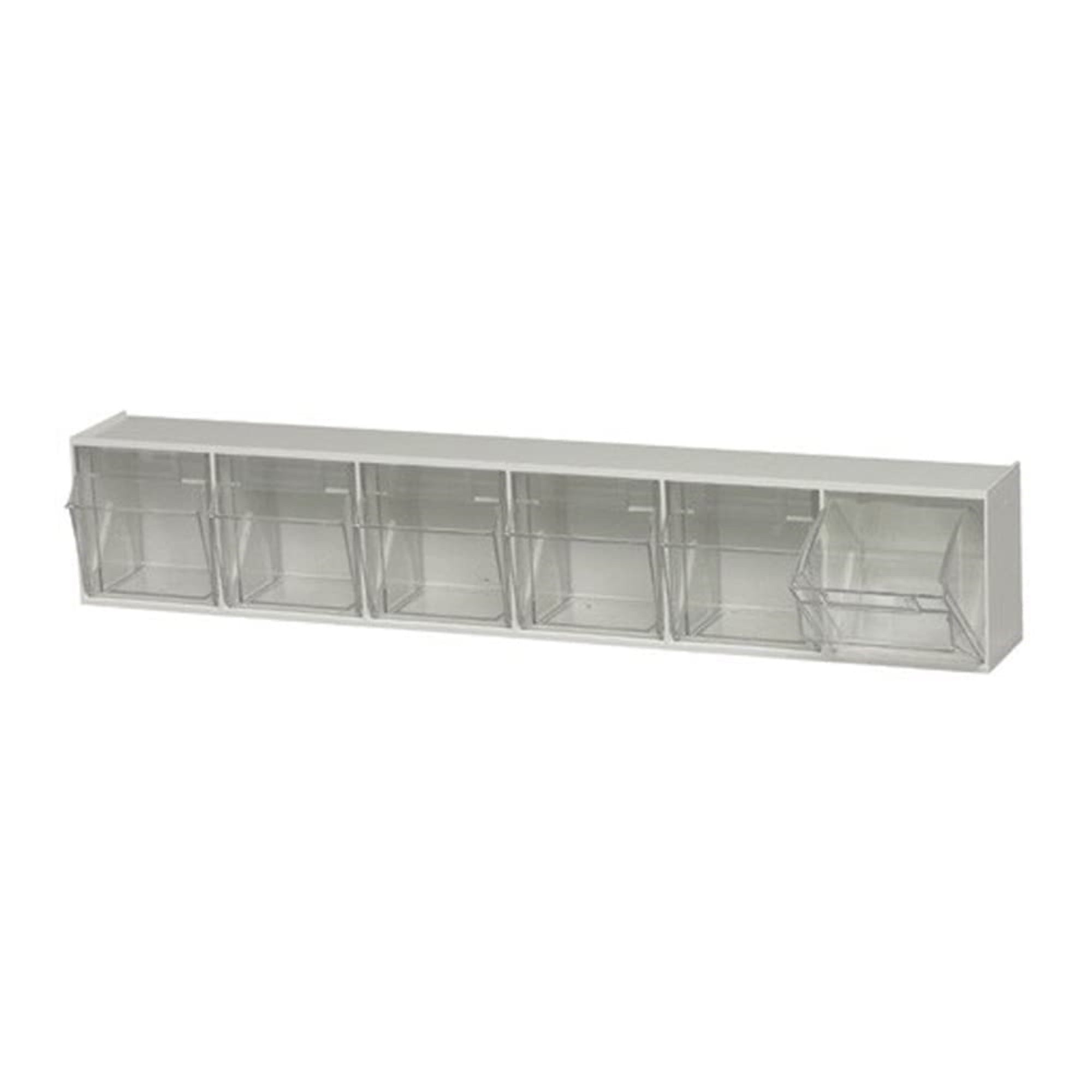Tip Out Bin, (6) compartment, handle with label slot, opens to a 45 angle, plastic clear container, polystyrene white cabinet, Made in USA