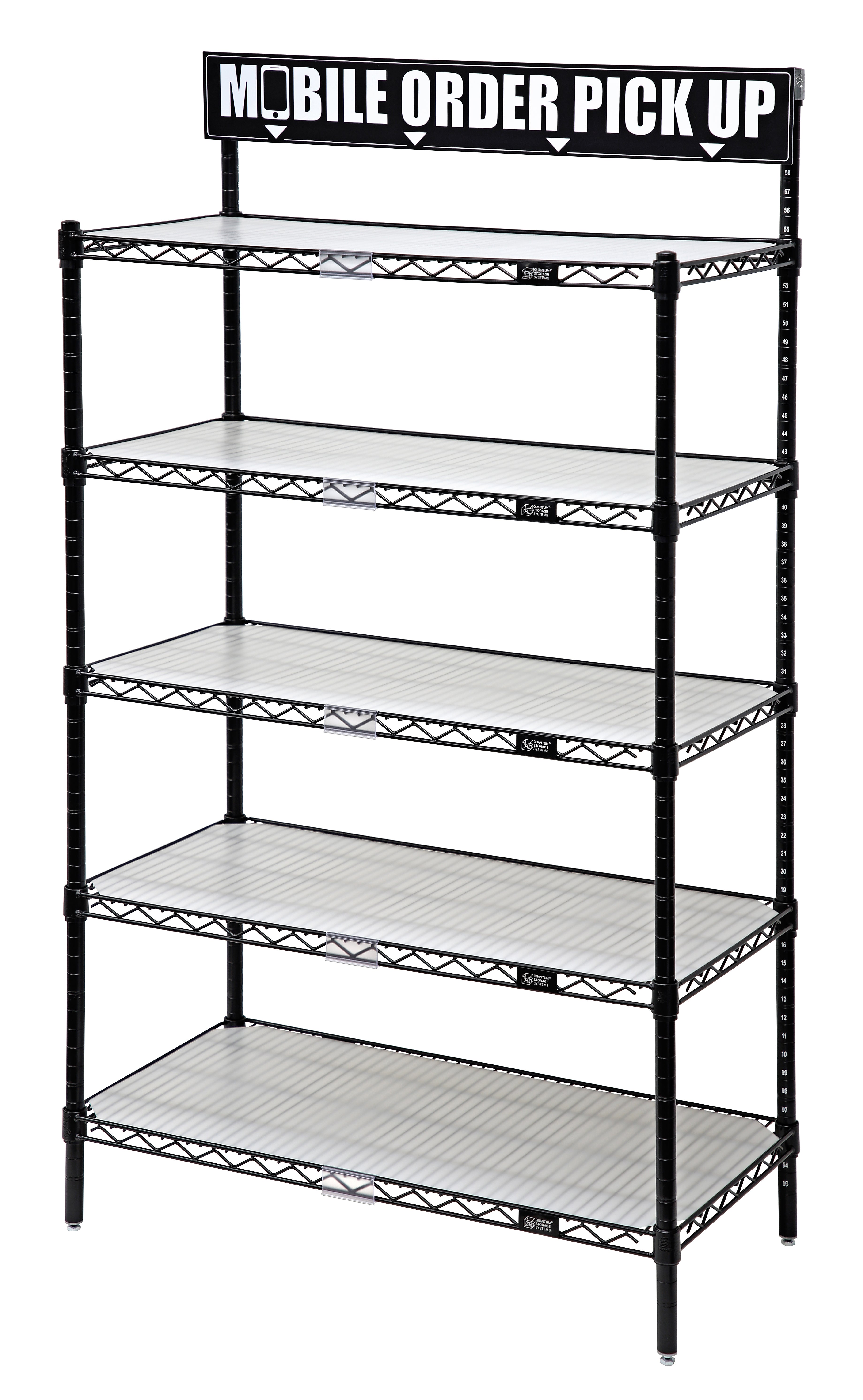 Quantum To-Go Unit, 24"W x 18"D x 63"H, 800 lb. load capacity per shelf, includes: (5) shelves, (4) posts, inlay mats, label holders and sign, black epoxy antimicrobial finish