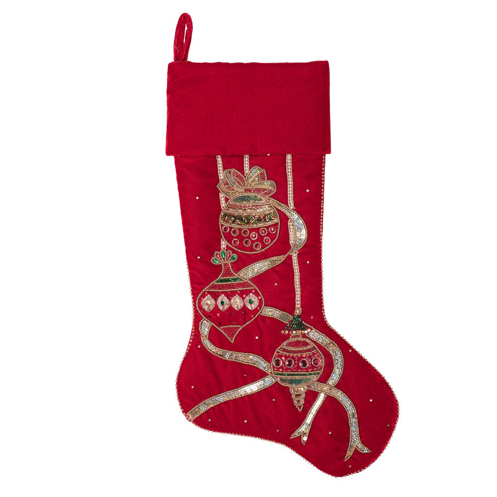 Vickerman 21” Red Beaded Ornament Velvet Stocking - QTX191321