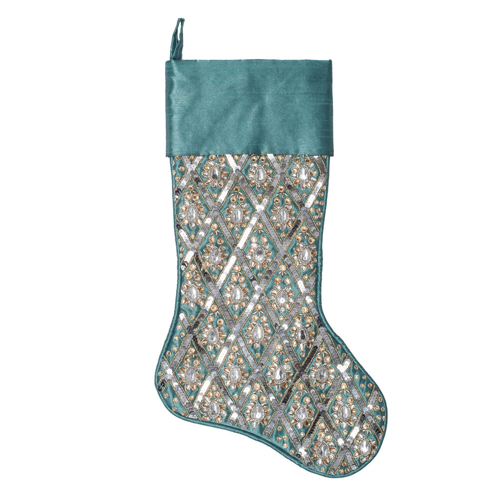 Vickerman 20” Turquoise Sequin Pattern Stocking - QTX191612