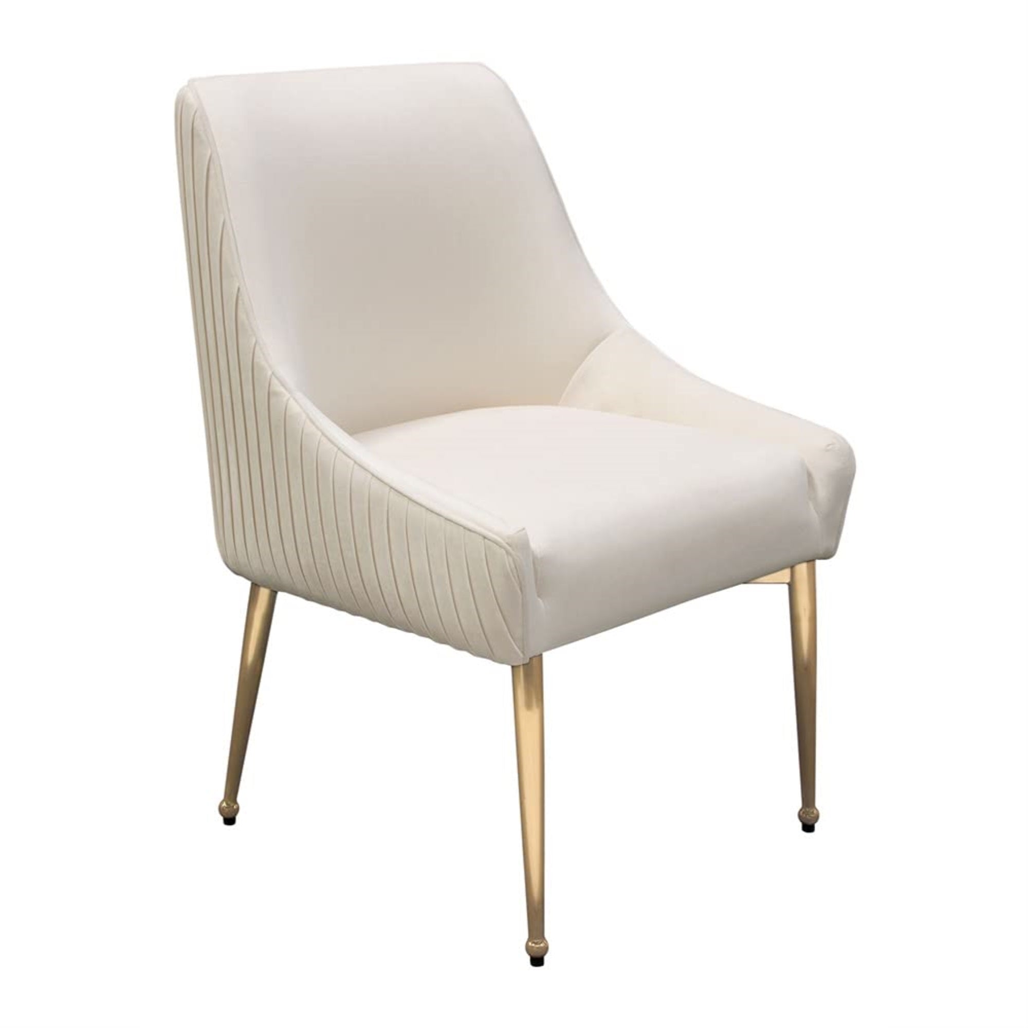 Set Of (2) Quinn Dining Chairs W/ Vertical Outside Pleat Detail And Contoured Arm In Cream Velvet W/ Brushed Gold Metal Leg By D