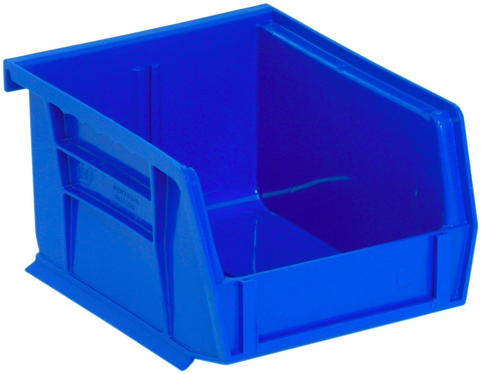 Bin, stacking or hanging, 4-1/8"W x 5-3/8"D x 3"H, front/back/side grips, anti-slide lock, (1) divider slot, rear hanger, molded-in label holder, polypropylene, blue, Made in USA, case of 24