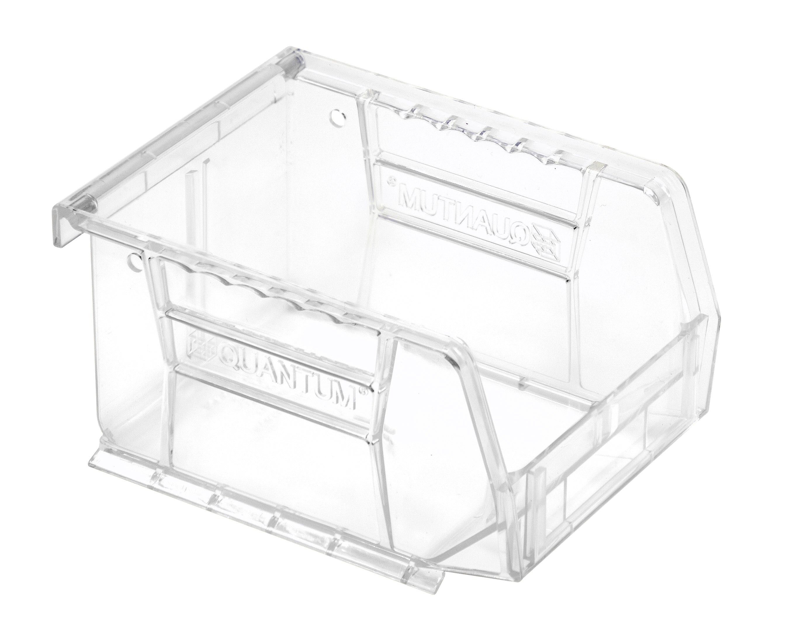 Bin, stacking or hanging, 4-1/8"W x 5-3/8"D x 3"H, front/back/side grips, anti-slide lock, (1) divider slot, rear hanger, molded-in label holder, acrylic, crystal clear, Made in USA, (Must be purchased in multiples of 24)