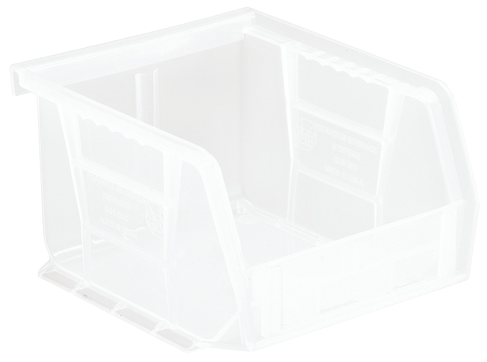 Bin, stacking or hanging, 4-1/8"W x 5-3/8"D x 3"H, front/back/side grips, anti-slide lock, (1) divider slot, rear hanger, molded-in label holder, polypropylene, clear, Made in USA, case of 24