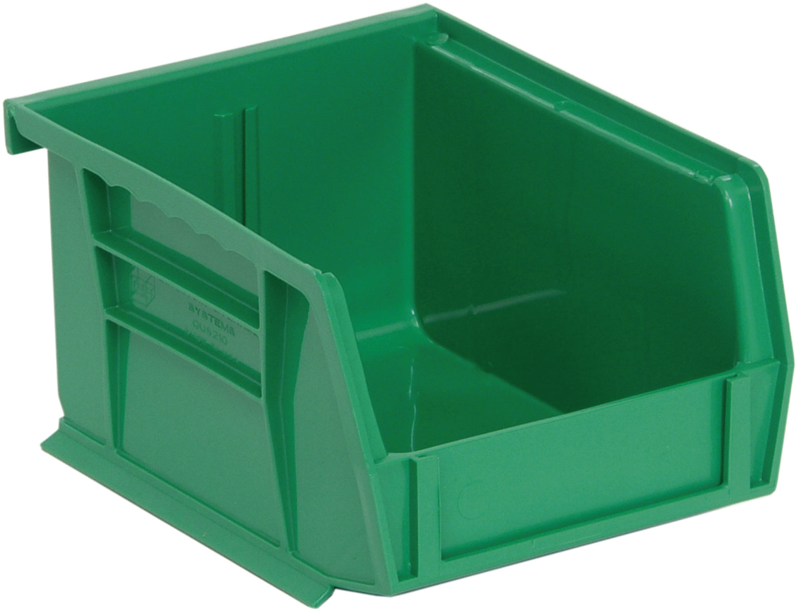 Bin, stacking or hanging, 4-1/8"W x 5-3/8"D x 3"H, front/back/side grips, anti-slide lock, (1) divider slot, rear hanger, molded-in label holder, polypropylene, green, Made in USA, case of 24