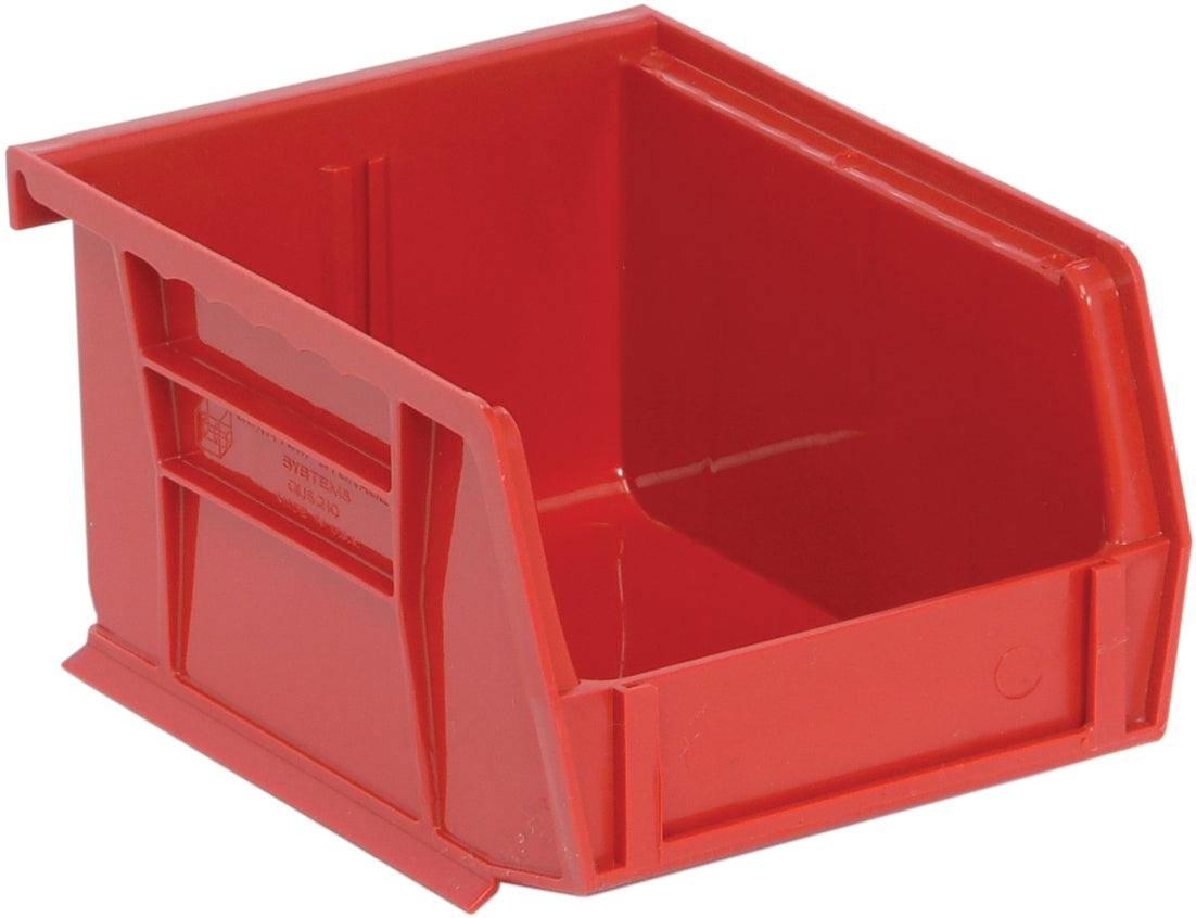 Bin, stacking or hanging, 4-1/8"W x 5-3/8"D x 3"H, front/back/side grips, anti-slide lock, (1) divider slot, rear hanger, molded-in label holder, polypropylene, red, Made in USA, case of 24