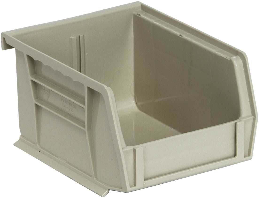Bin, stacking or hanging, 4-1/8"W x 5-3/8"D x 3"H, front/back/side grips, anti-slide lock, (1) divider slot, rear hanger, molded-in label holder, polypropylene, stone, Made in USA, case of 24