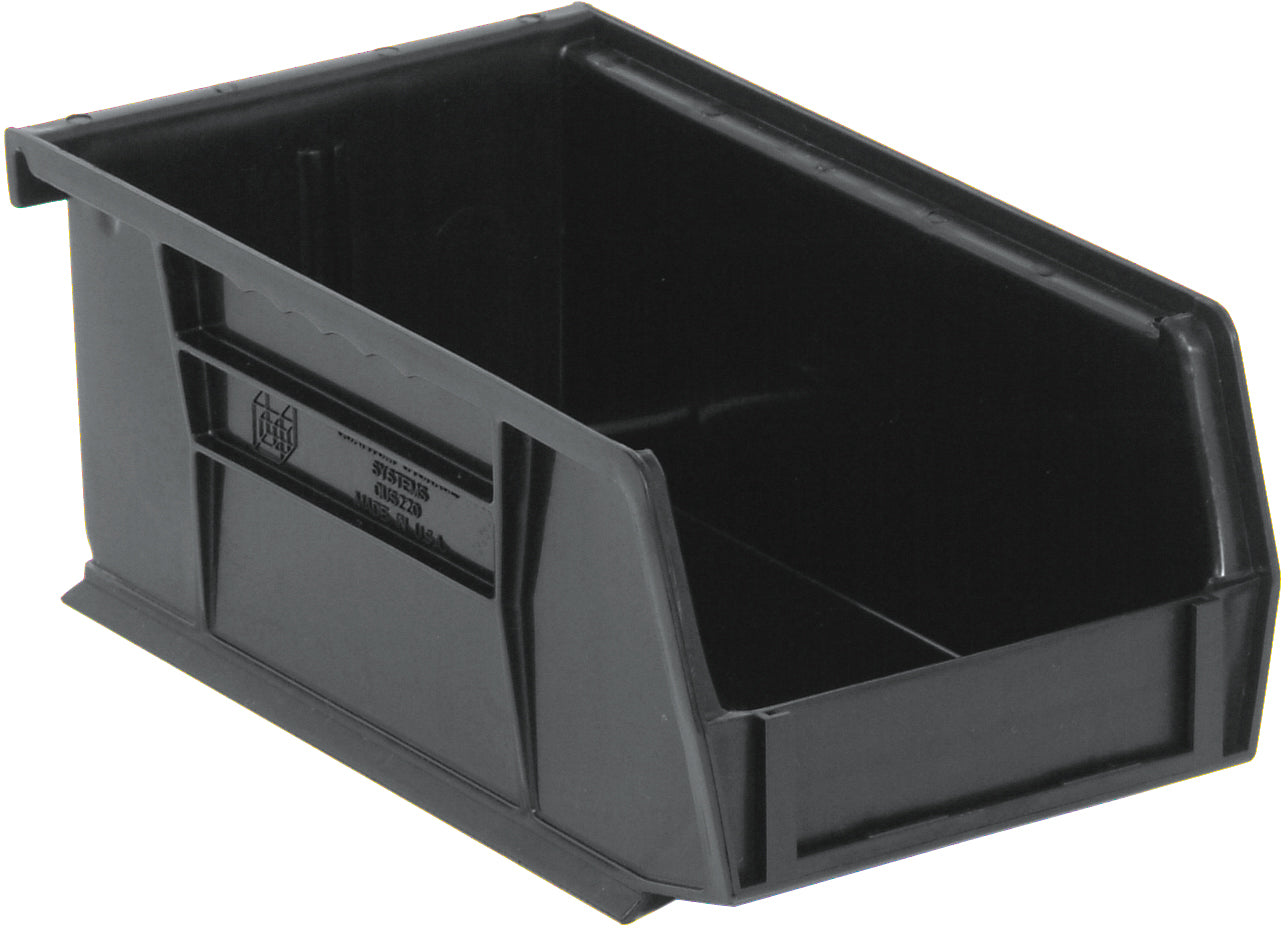 Bin, stacking or hanging, 4-1/8"W x 7-3/8"D x 3"H, front/back/side grips, anti-slide lock, (1) divider slot, rear hanger, molded-in label holder, recycled polypropylene, black, Made in USA, case of 24