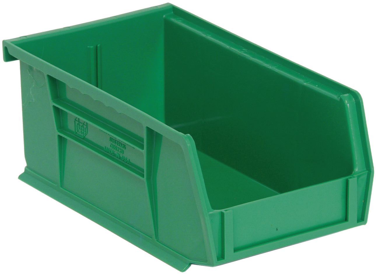 Bin, stacking or hanging, 4-1/8"W x 7-3/8"D x 3"H, front/back/side grips, anti-slide lock, (1) divider slot, rear hanger, molded-in label holder, polypropylene, green, Made in USA, case of 24