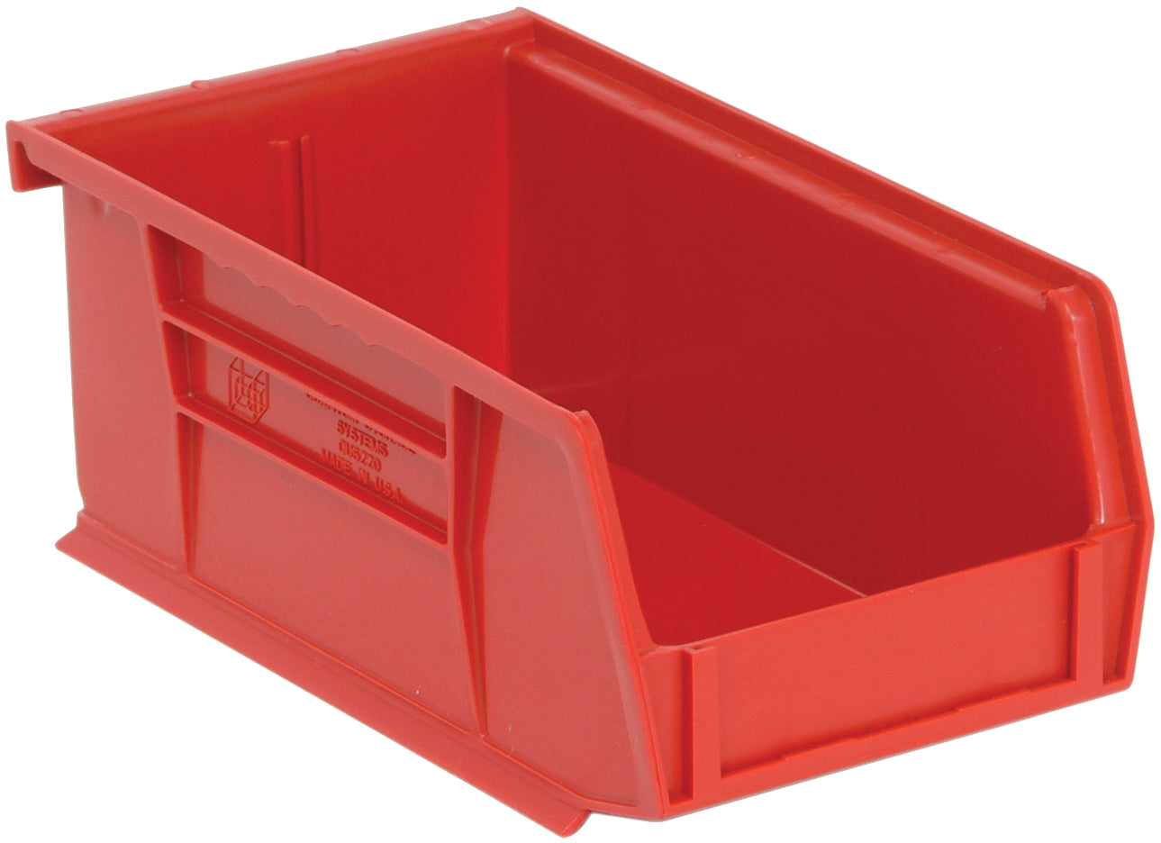 Bin, stacking or hanging, 4-1/8"W x 7-3/8"D x 3"H, front/back/side grips, anti-slide lock, (1) divider slot, rear hanger, molded-in label holder, polypropylene, red, Made in USA, case of 24