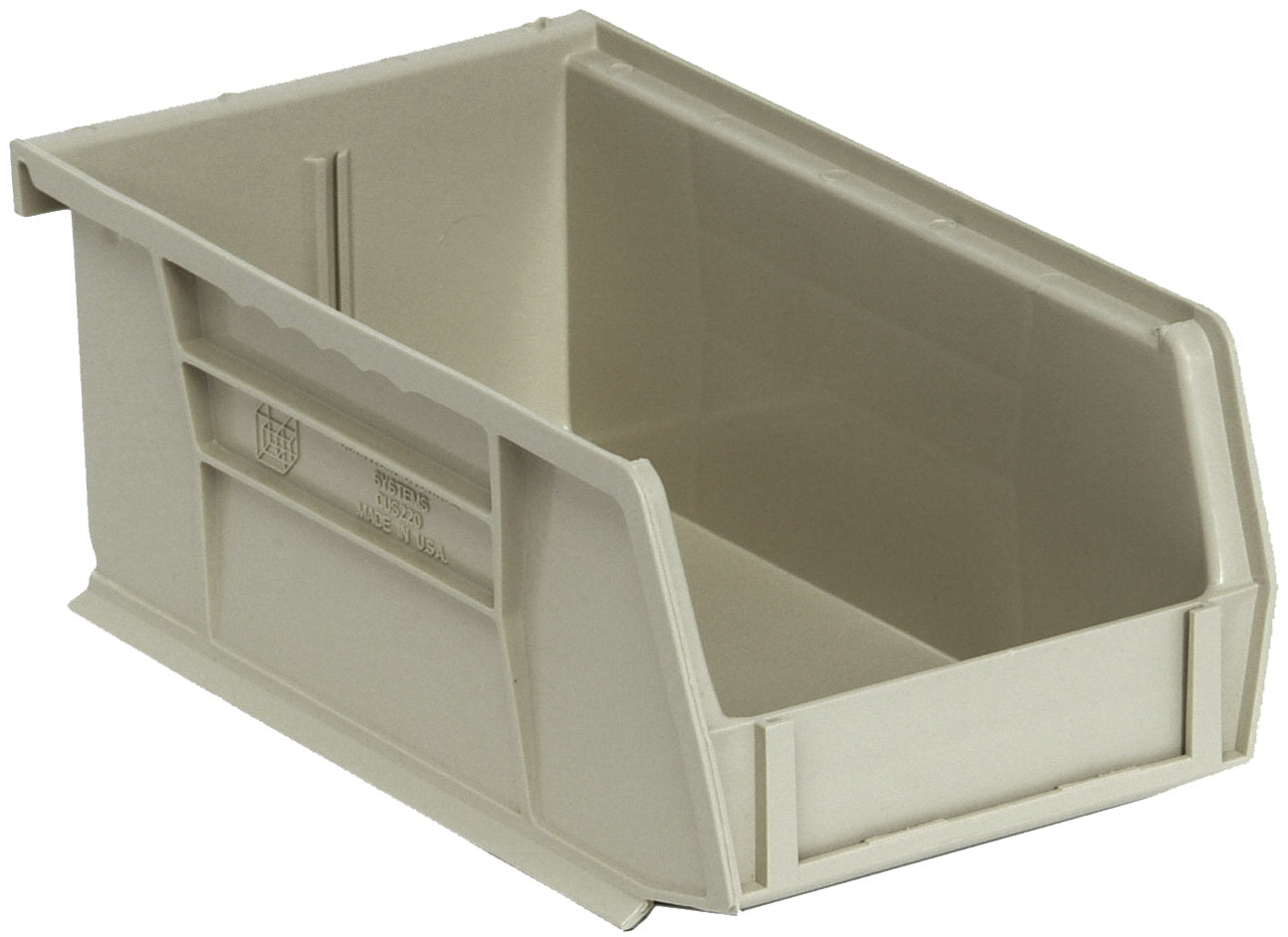 Bin, stacking or hanging, 4-1/8"W x 7-3/8"D x 3"H, front/back/side grips, anti-slide lock, (1) divider slot, rear hanger, molded-in label holder, polypropylene, stone, Made in USA, case of 24