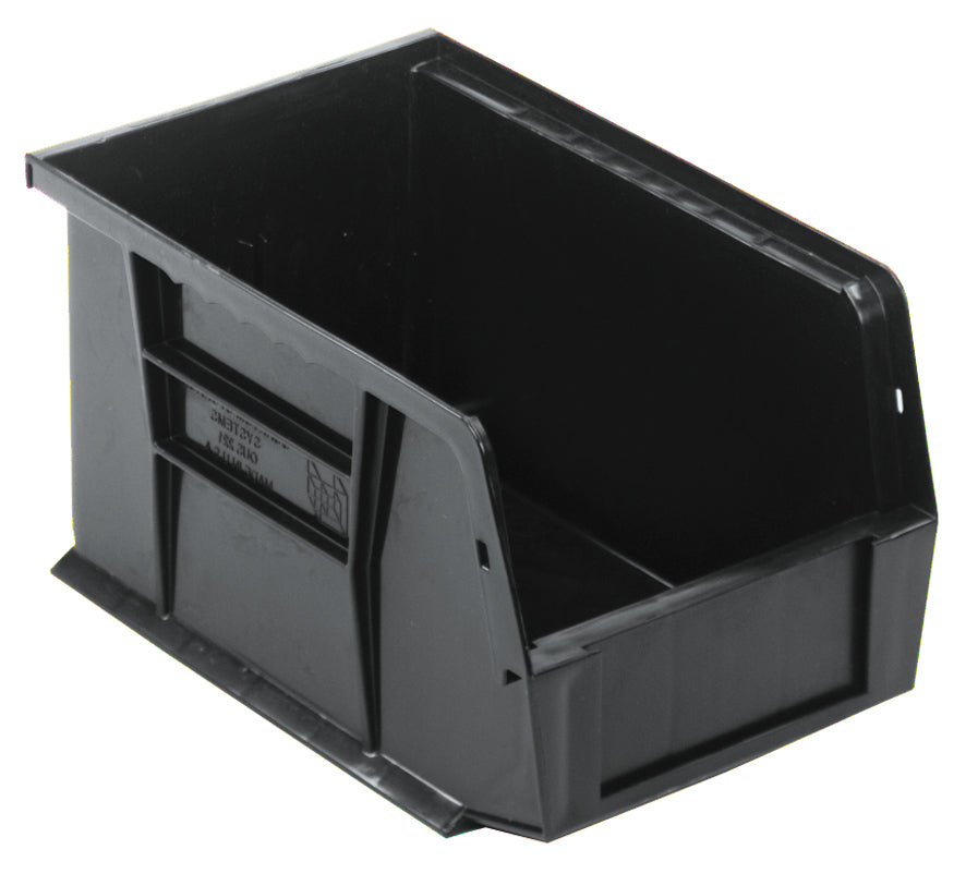 Bin, stacking or hanging, 6"W x 9-1/4"D x 5"H, front/back/side grips, anti-slide lock, (1) divider slot, rear hanger, molded-in label holder, recycled polypropylene, black, Made in USA, case of 12