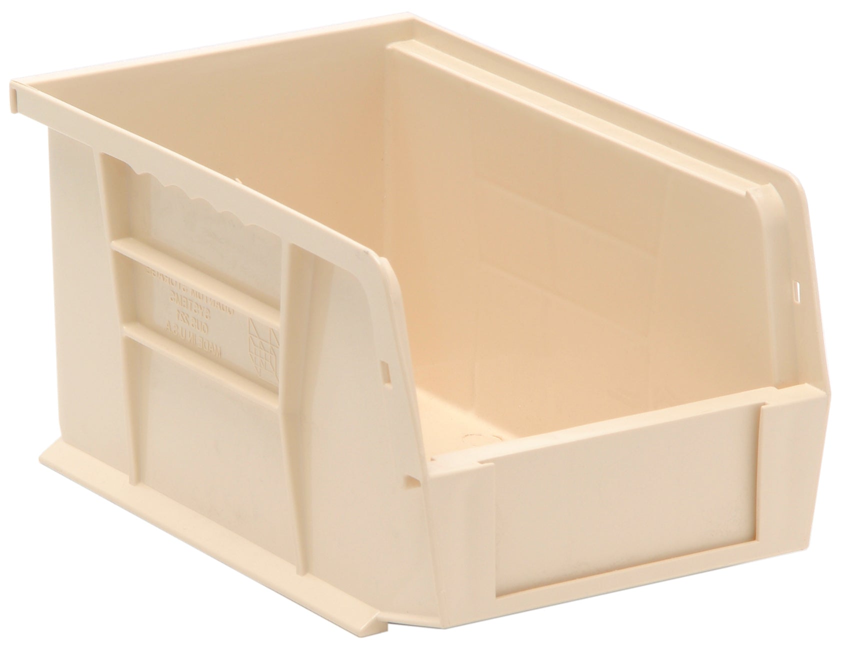 Bin, stacking or hanging, 6"W x 9-1/4"D x 5"H, front/back/side grips, anti-slide lock, (1) divider slot, rear hanger, molded-in label holder, polypropylene, ivory, Made in USA, case of 12
