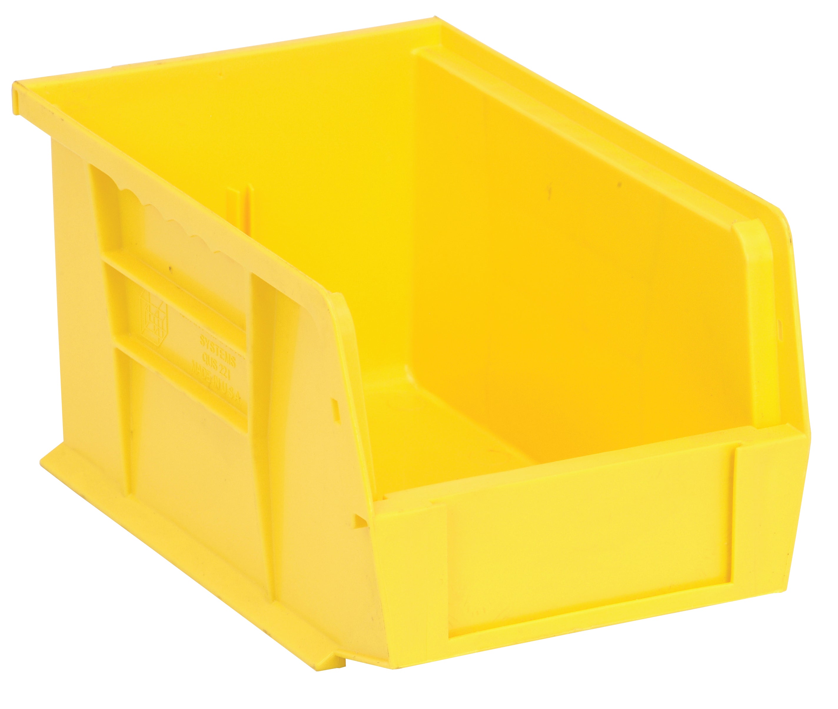 Bin, stacking or hanging, 6"W x 9-1/4"D x 5"H, front/back/side grips, anti-slide lock, (1) divider slot, rear hanger, molded-in label holder, polypropylene, yellow, Made in USA, case of 12