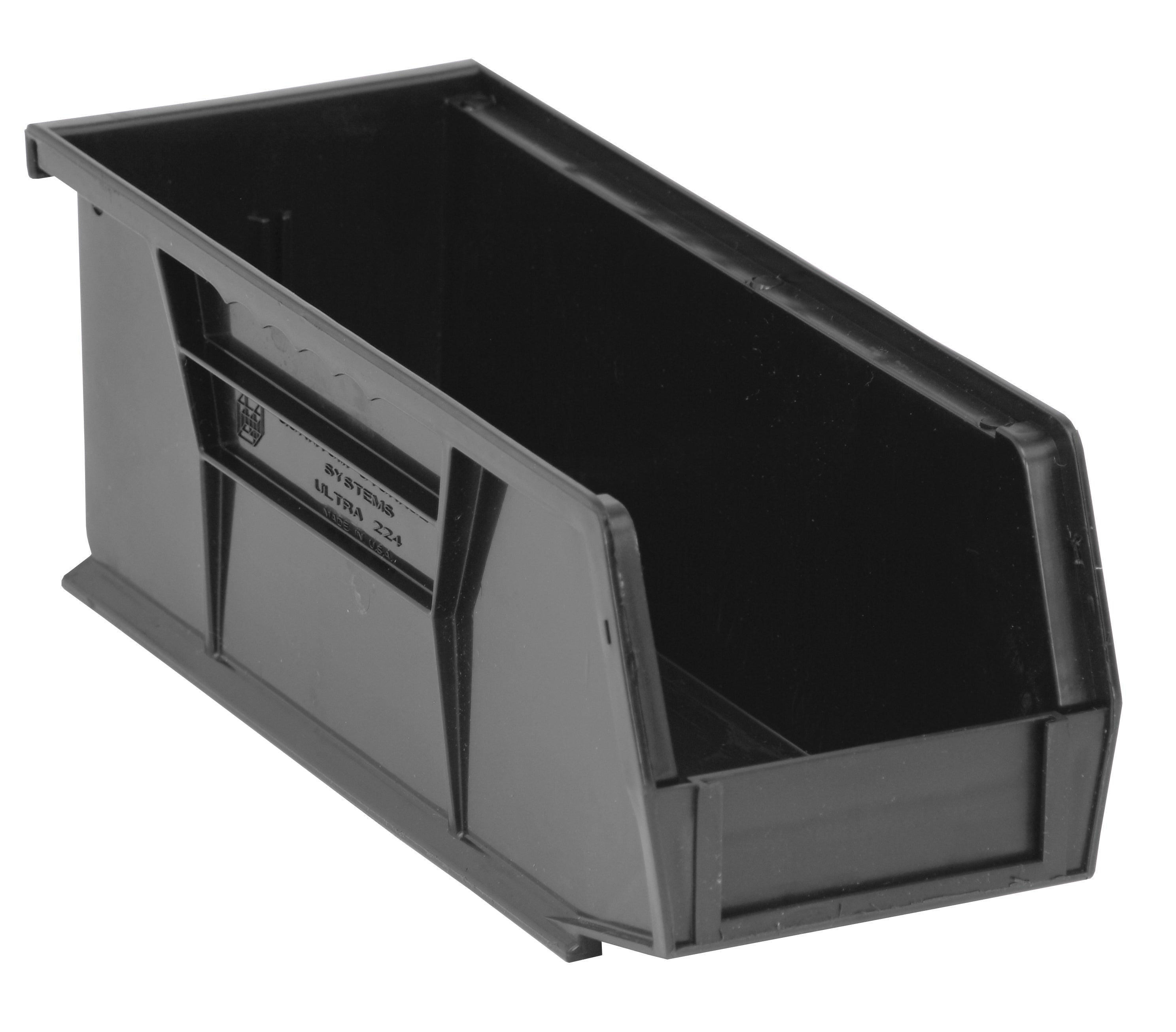 Bin, stacking or hanging, 4-1/8"W x 10-7/8"D x 4"H, front/back/side grips, anti-slide lock, (1) divider slot, rear hanger, molded-in label holder, recycled polypropylene, black, Made in USA, case of 12