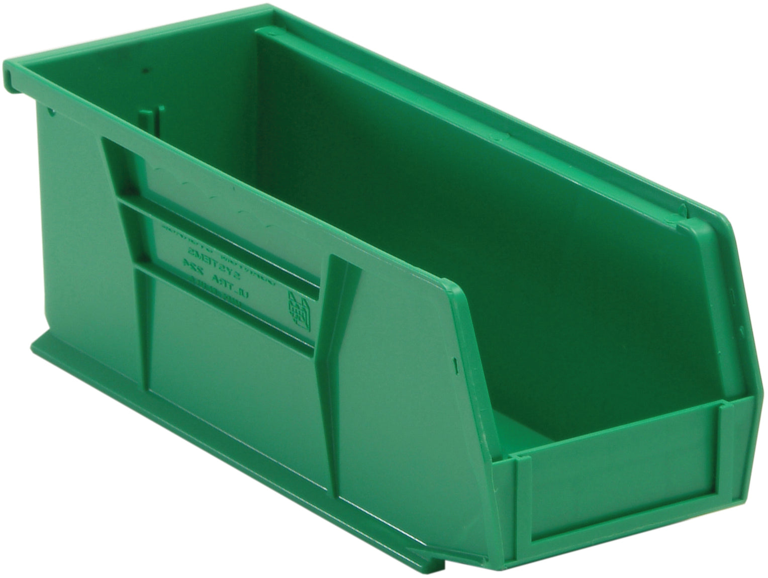 Bin, stacking or hanging, 4-1/8"W x 10-7/8"D x 4"H, front/back/side grips, anti-slide lock, (1) divider slot, rear hanger, molded-in label holder, polypropylene, green, Made in USA, case of 12