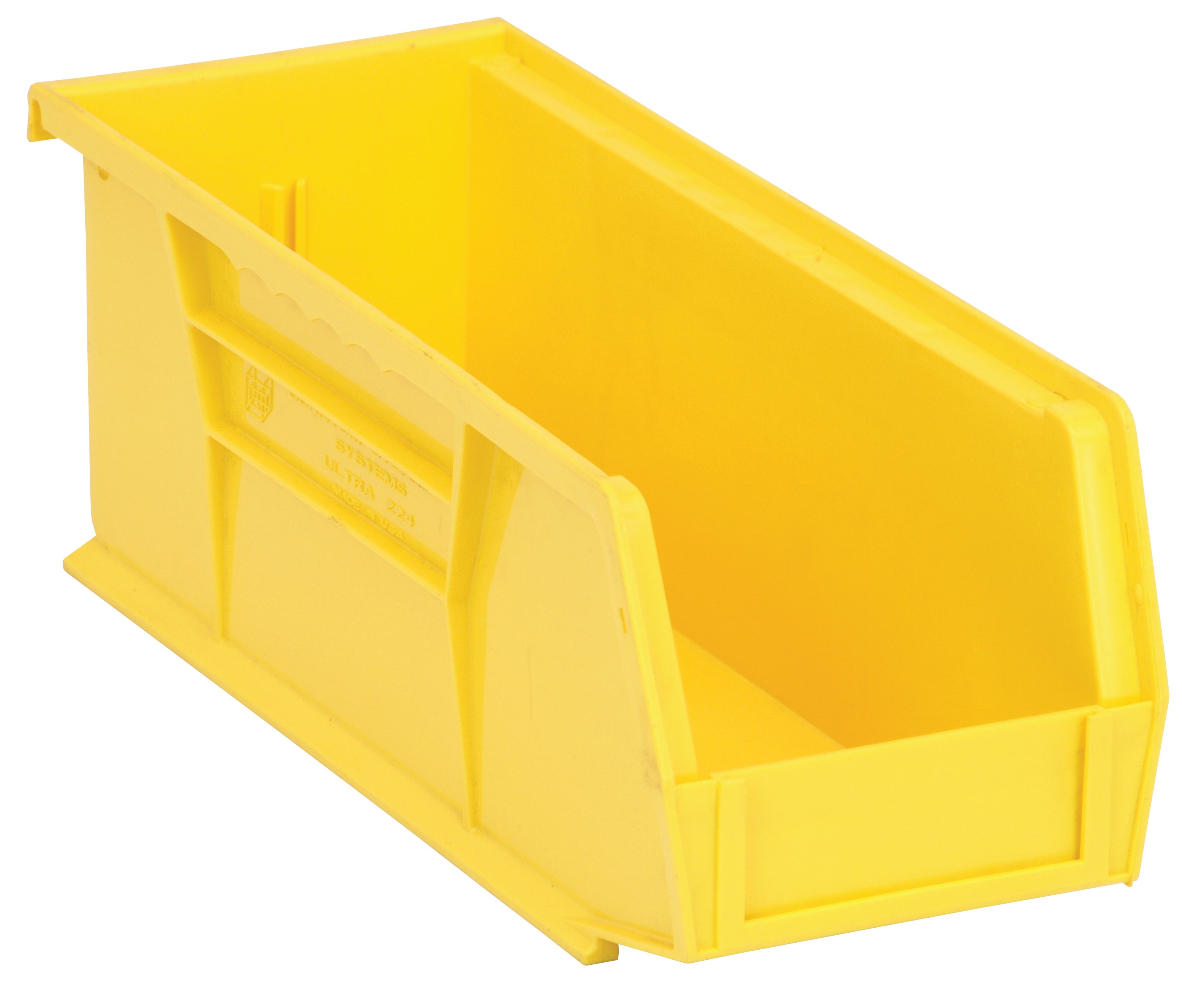 Bin, stacking or hanging, 4-1/8"W x 10-7/8"D x 4"H, front/back/side grips, anti-slide lock, (1) divider slot, rear hanger, molded-in label holder, polypropylene, yellow, Made in USA, case of 12
