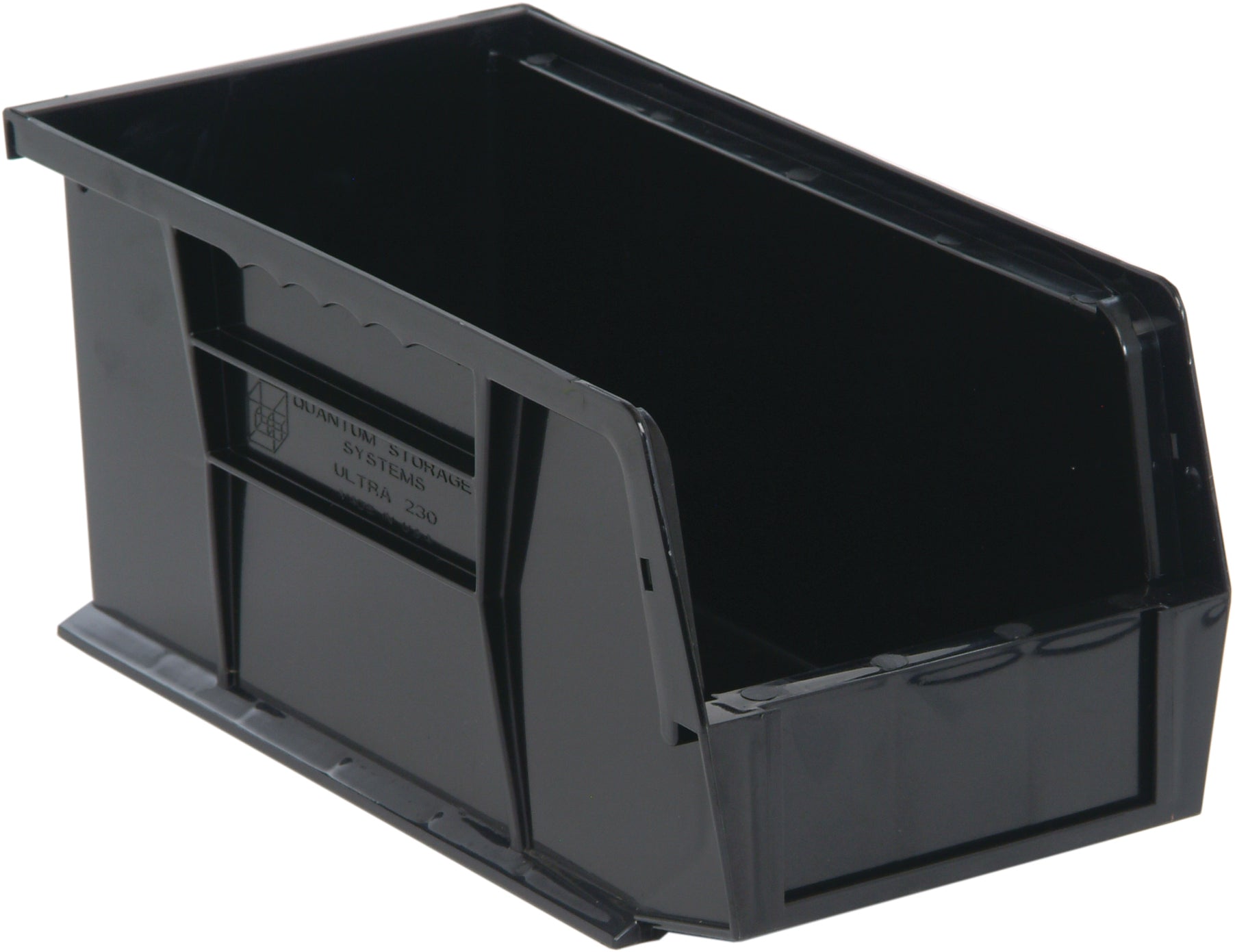 Bin, stacking or hanging, 5-1/2"W x 10-7/8"D x 5"H, front/back/side grips, anti-slide lock, (1) divider slot, rear hanger, molded-in label holder, polypropylene, black, Made in USA, case of 12